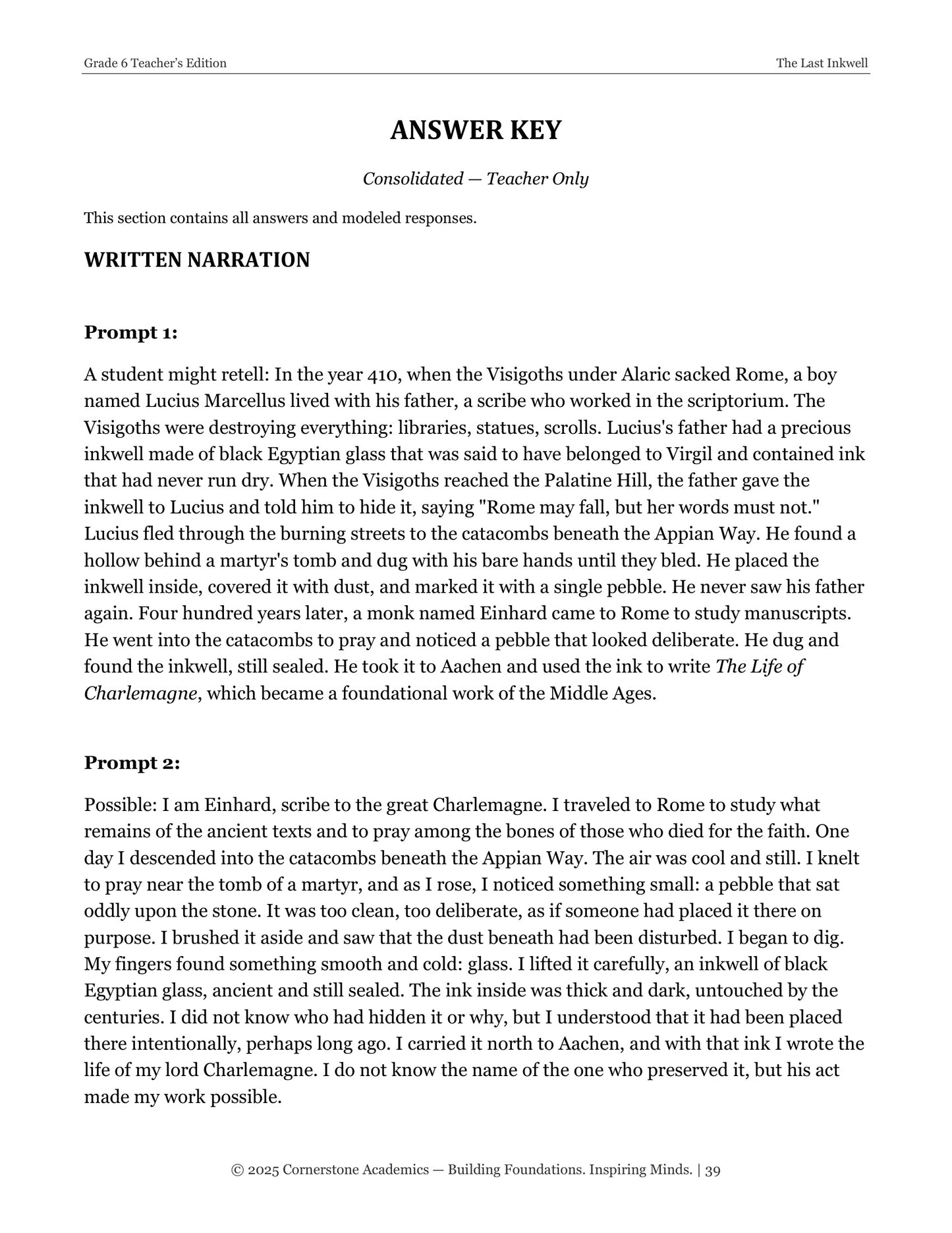 The Last Inkwell | Grade 6 Classical Literature Packet | Cornerstone Academics