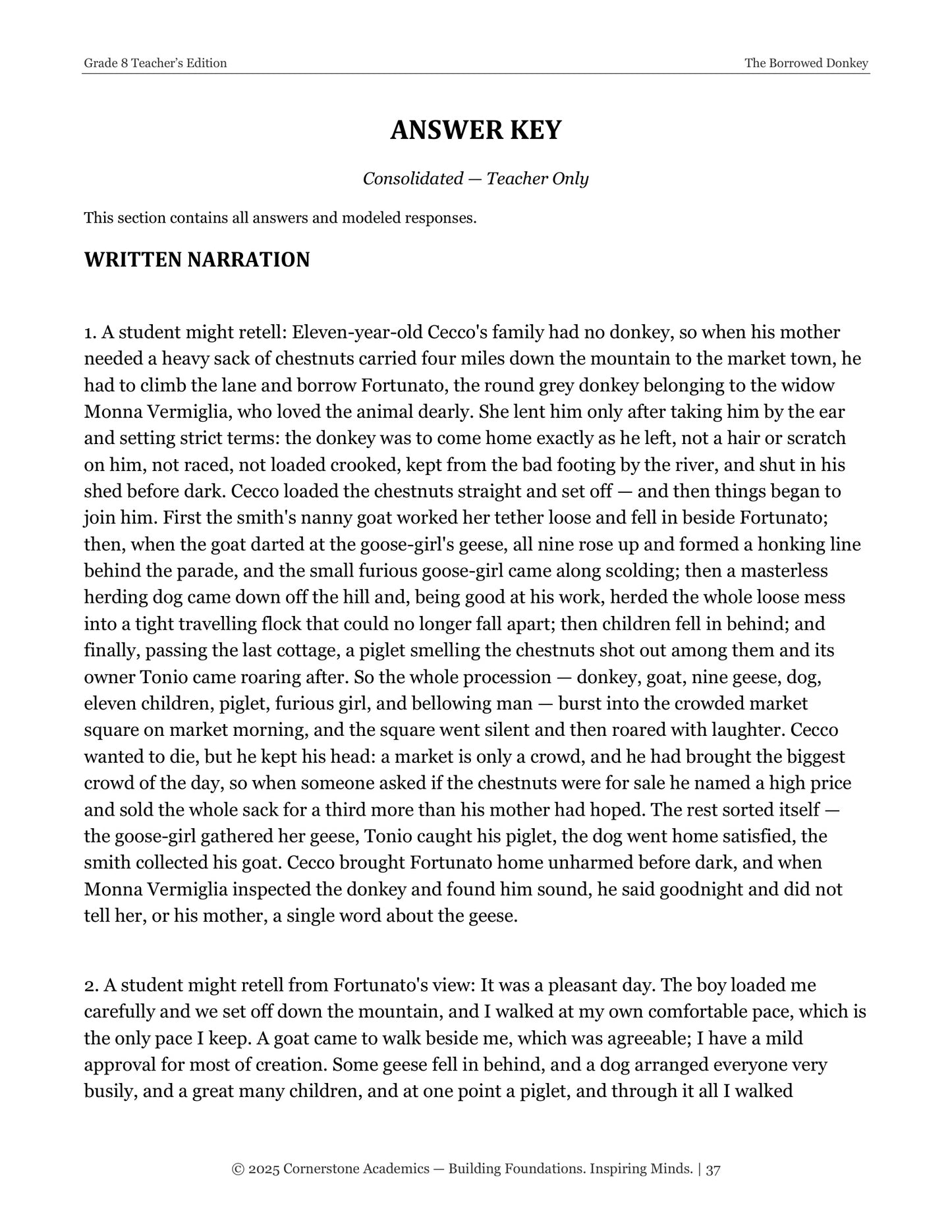 The Borrowed Donkey | Grade 8 Classical Literature Packet | Cornerstone Academics