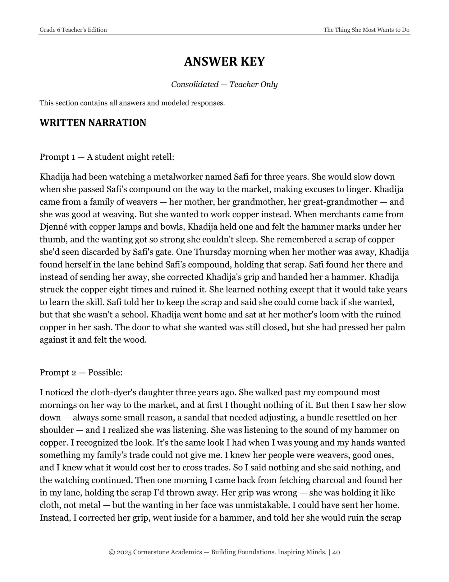 The Thing She Most Wants to Do | Grade 6 Classical Literature Packet | Cornerstone Academics