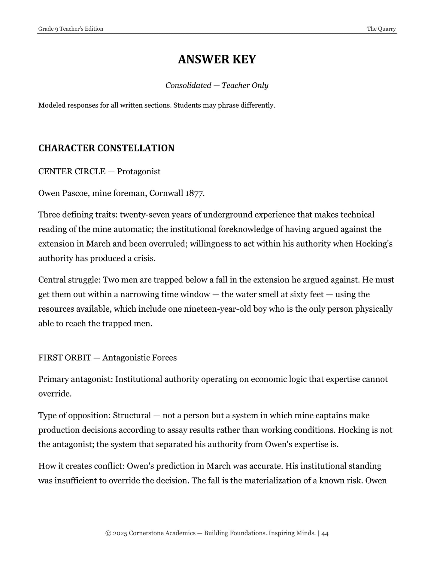 The Quarry | Grade 9 Classical Literature Packet | Cornerstone Academics