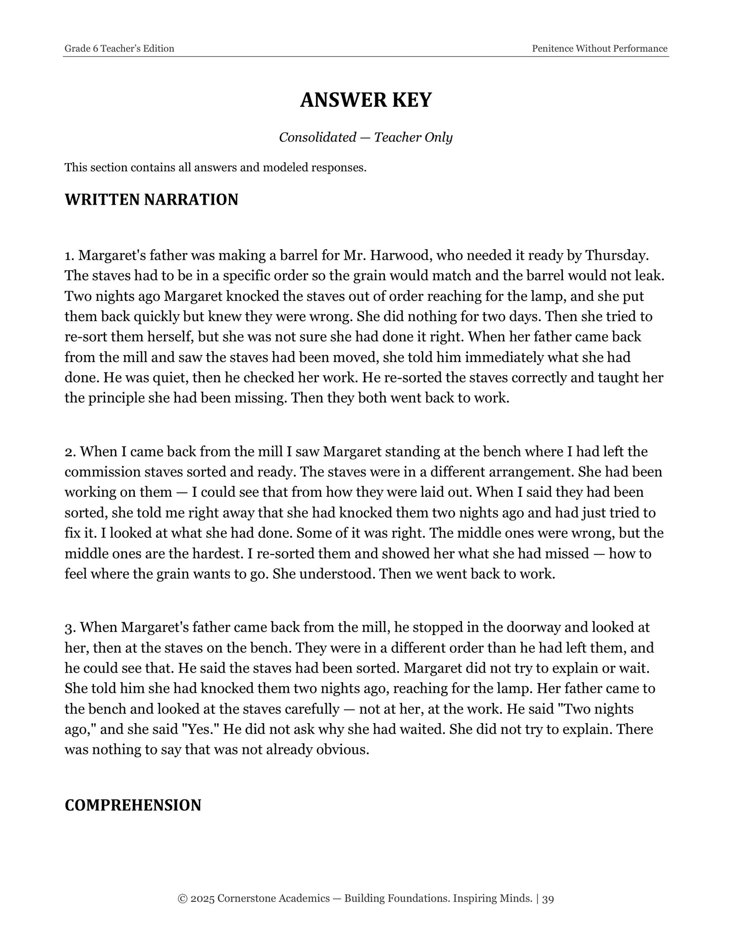 Penitence Without Performance | Grade 6 Classical Literature Packet | Cornerstone Academics