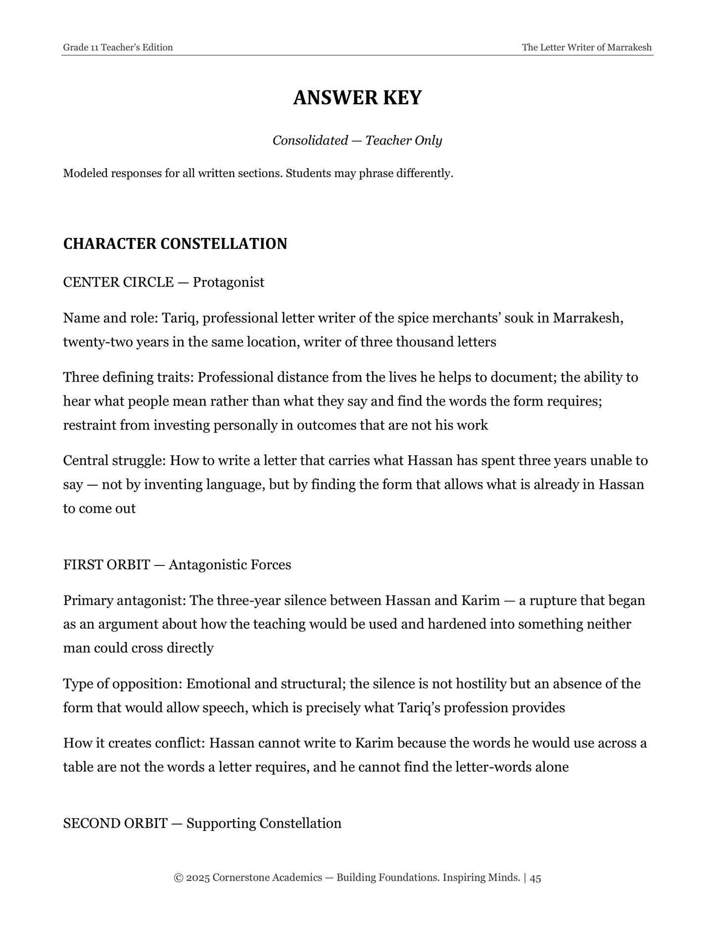 The Letter Writer of Marrakesh | Grade 11 Classical Literature Packet | Cornerstone Academics