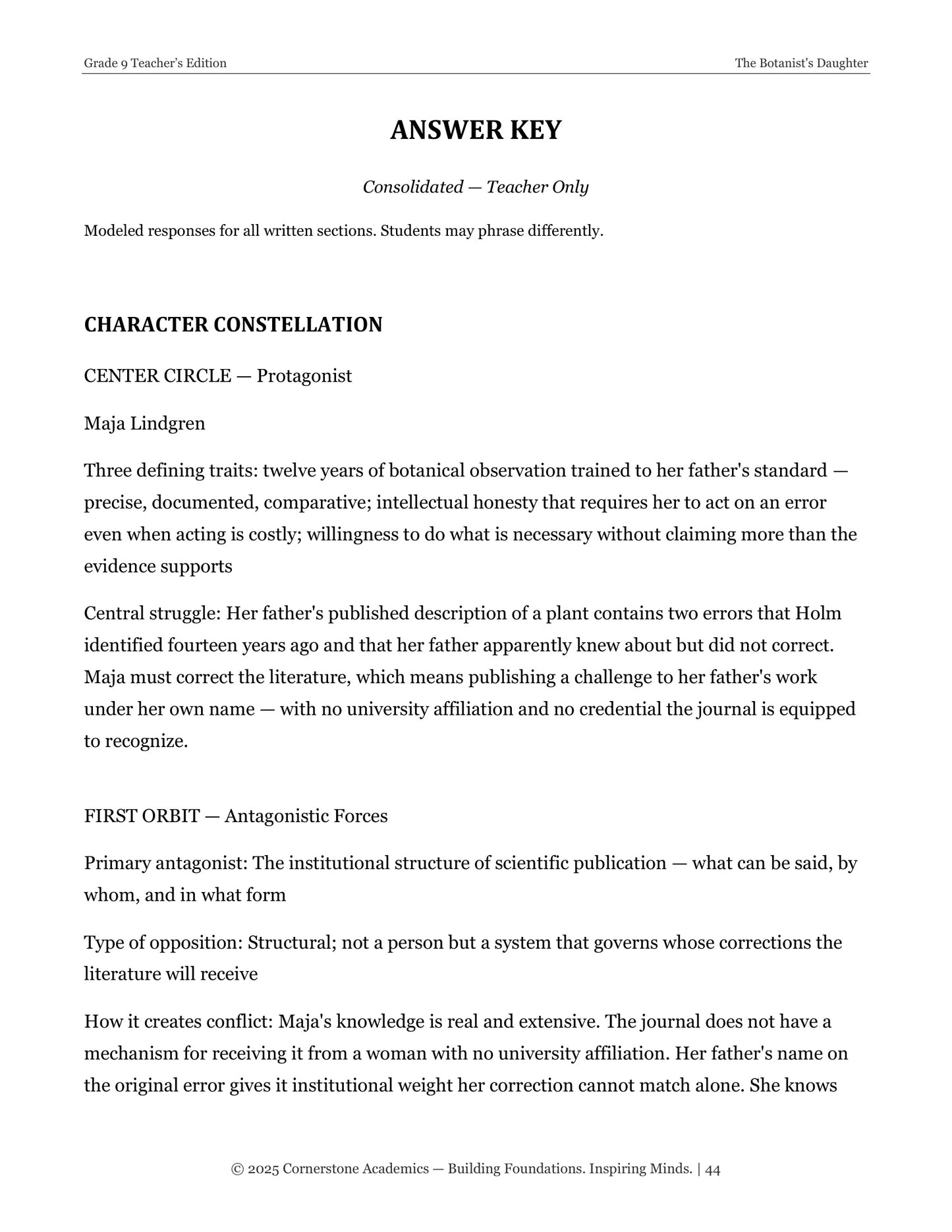 The Botanist's Daughter | Grade 9 Classical Literature Packet | Cornerstone Academics