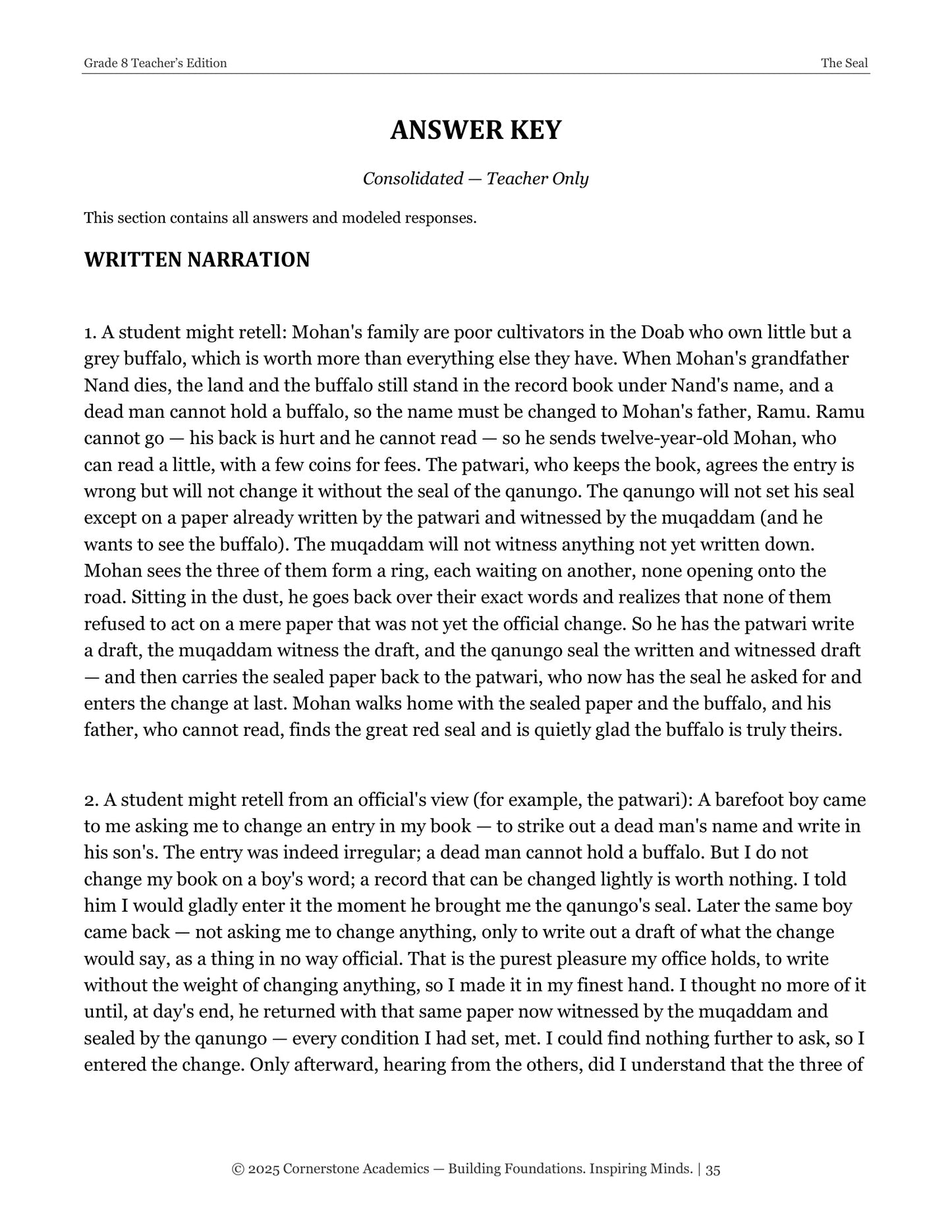 The Seal | Grade 8 Classical Literature Packet | Cornerstone Academics