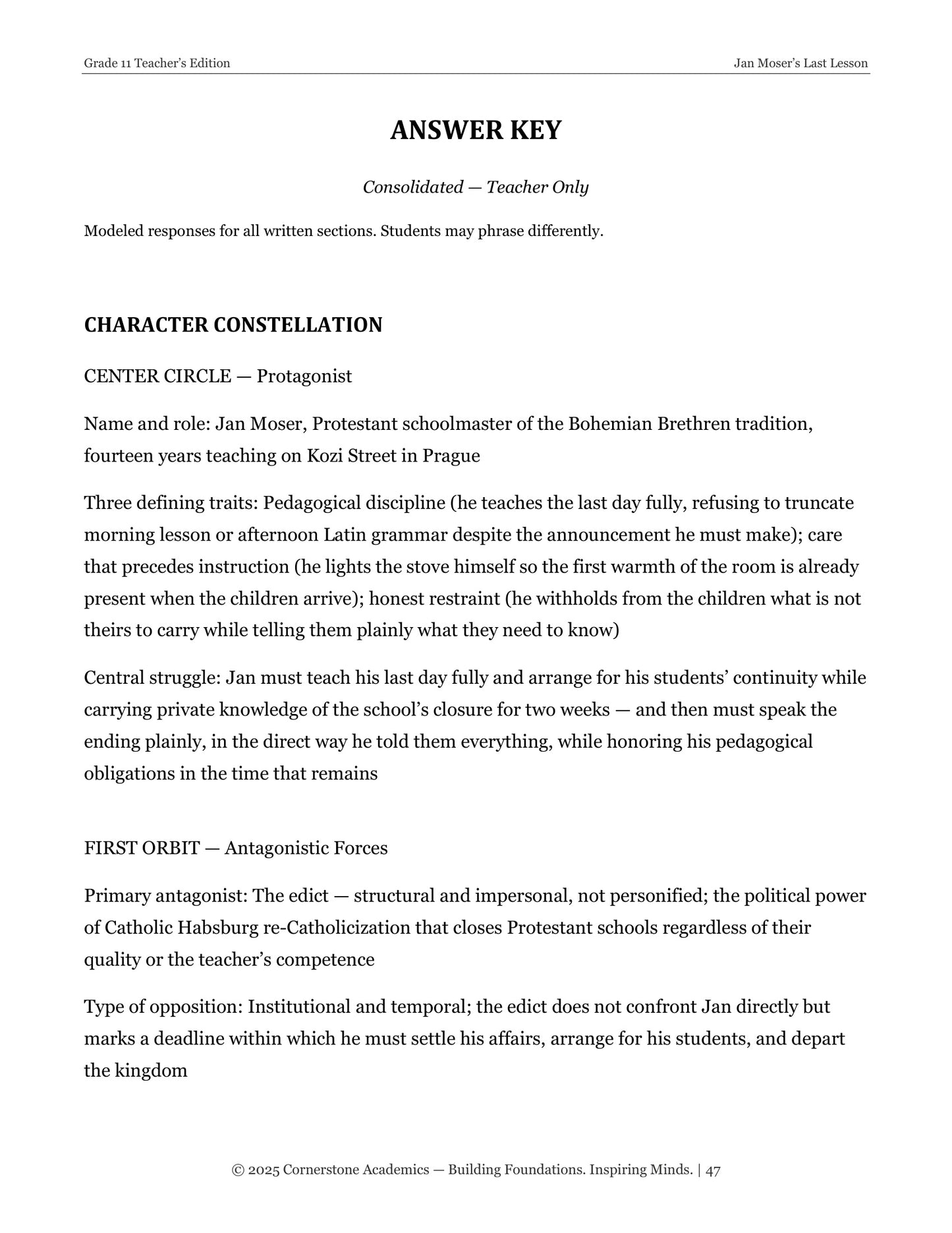 Jan Moser's Last Lesson | Grade 11 Classical Literature Packet | Cornerstone Academics