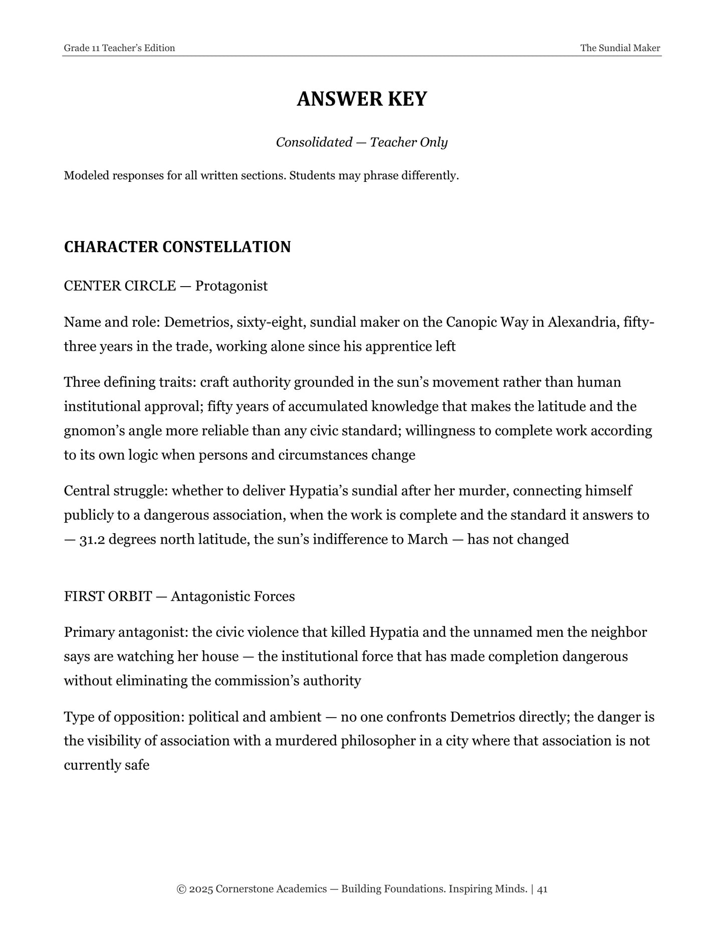 The Sundial Maker | Grade 11 Classical Literature Packet | Cornerstone Academics