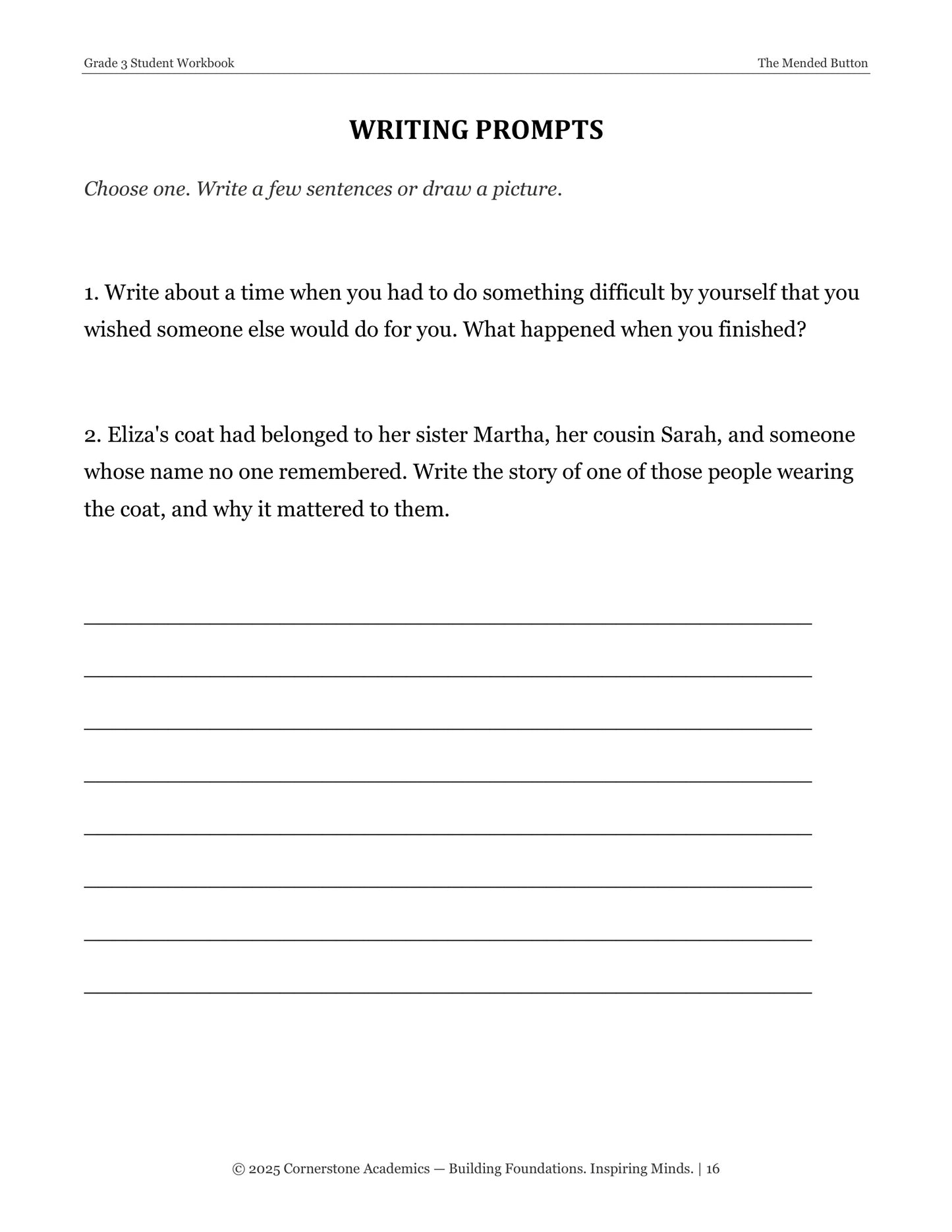 The Mended Button | Grade 3 Classical Literature Packet | Cornerstone Academics