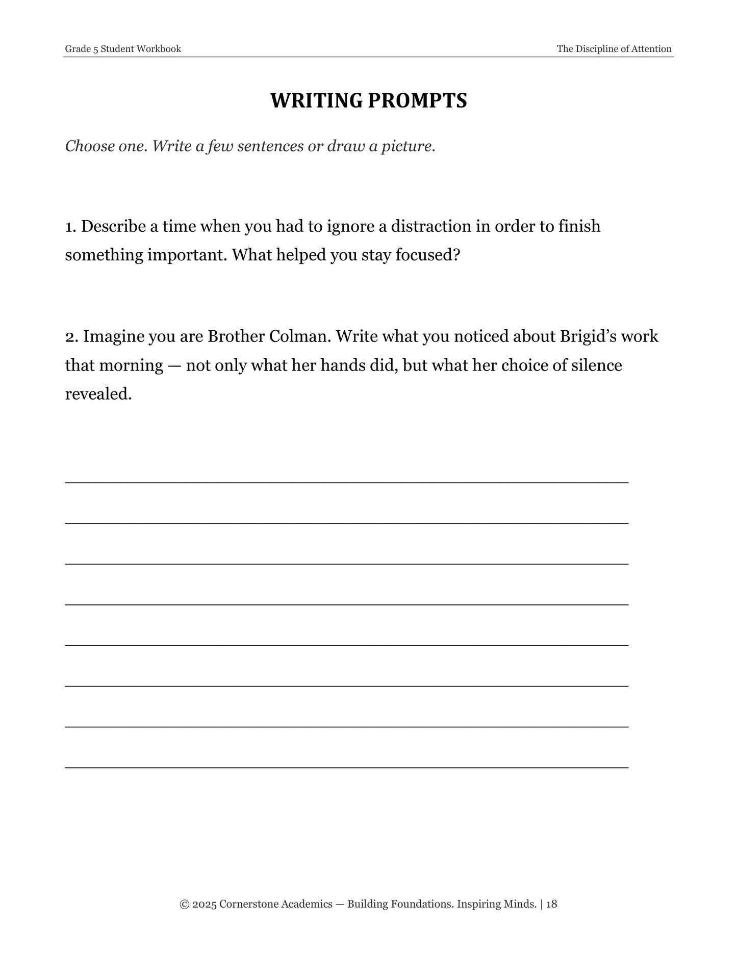 The Discipline of Attention | Grade 5 Classical Literature Packet | Cornerstone Academics