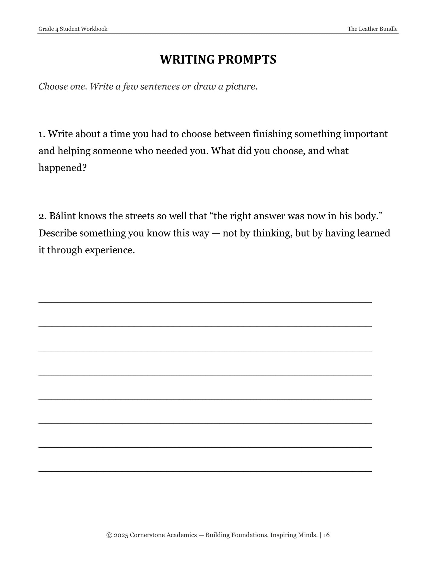 Writing prompts page from The Leather Bundle, Grade 4 literature packet