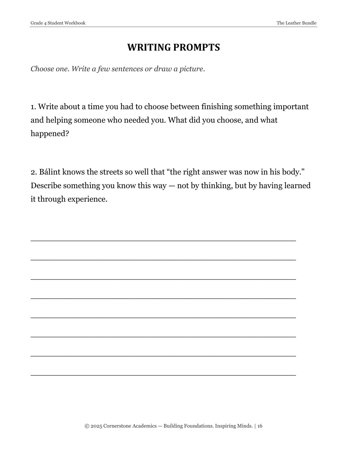Writing prompts page from The Leather Bundle, Grade 4 literature packet