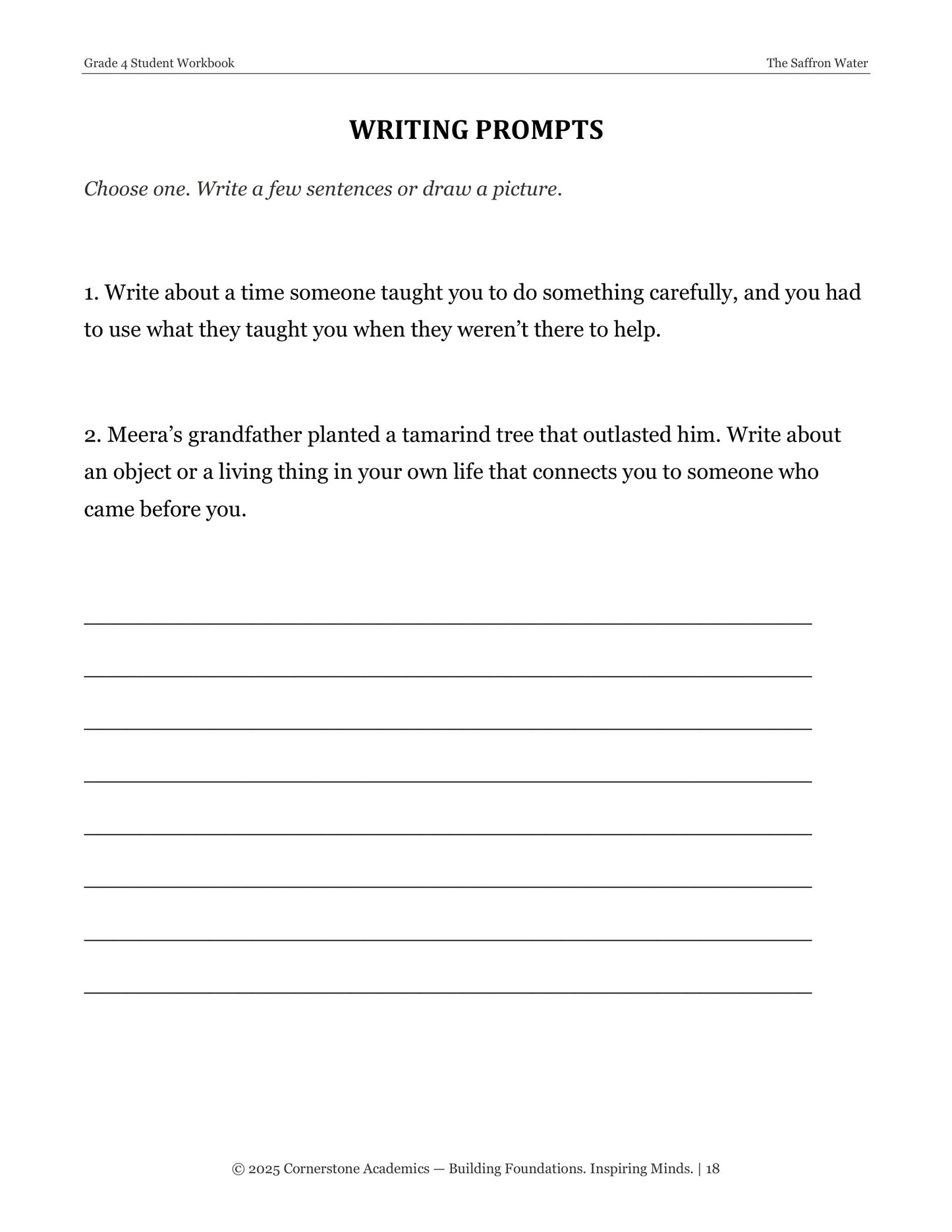 The Saffron Water | Grade 4 Classical Literature Packet | Cornerstone Academics