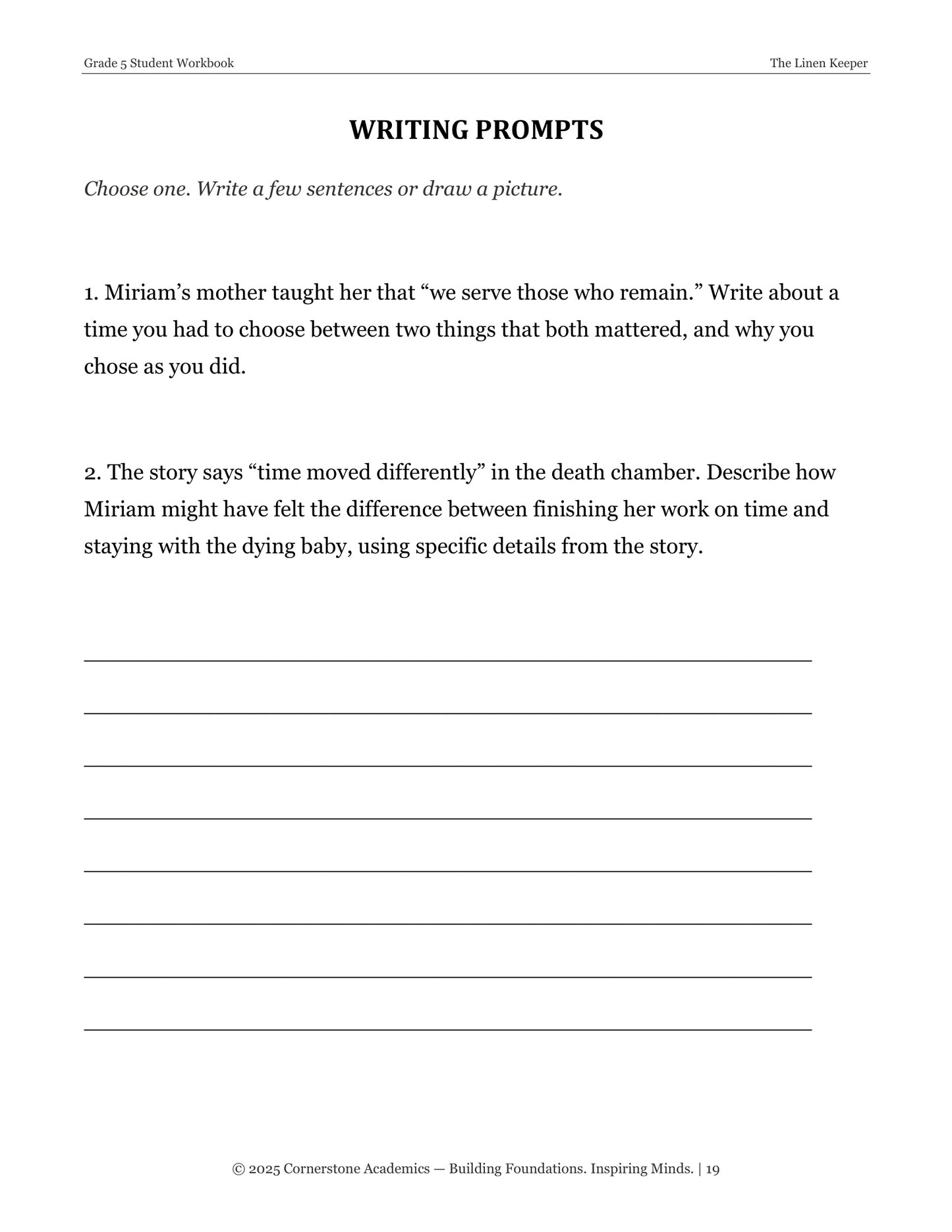 The Linen Keeper | Grade 5 Classical Literature Packet | Cornerstone Academics