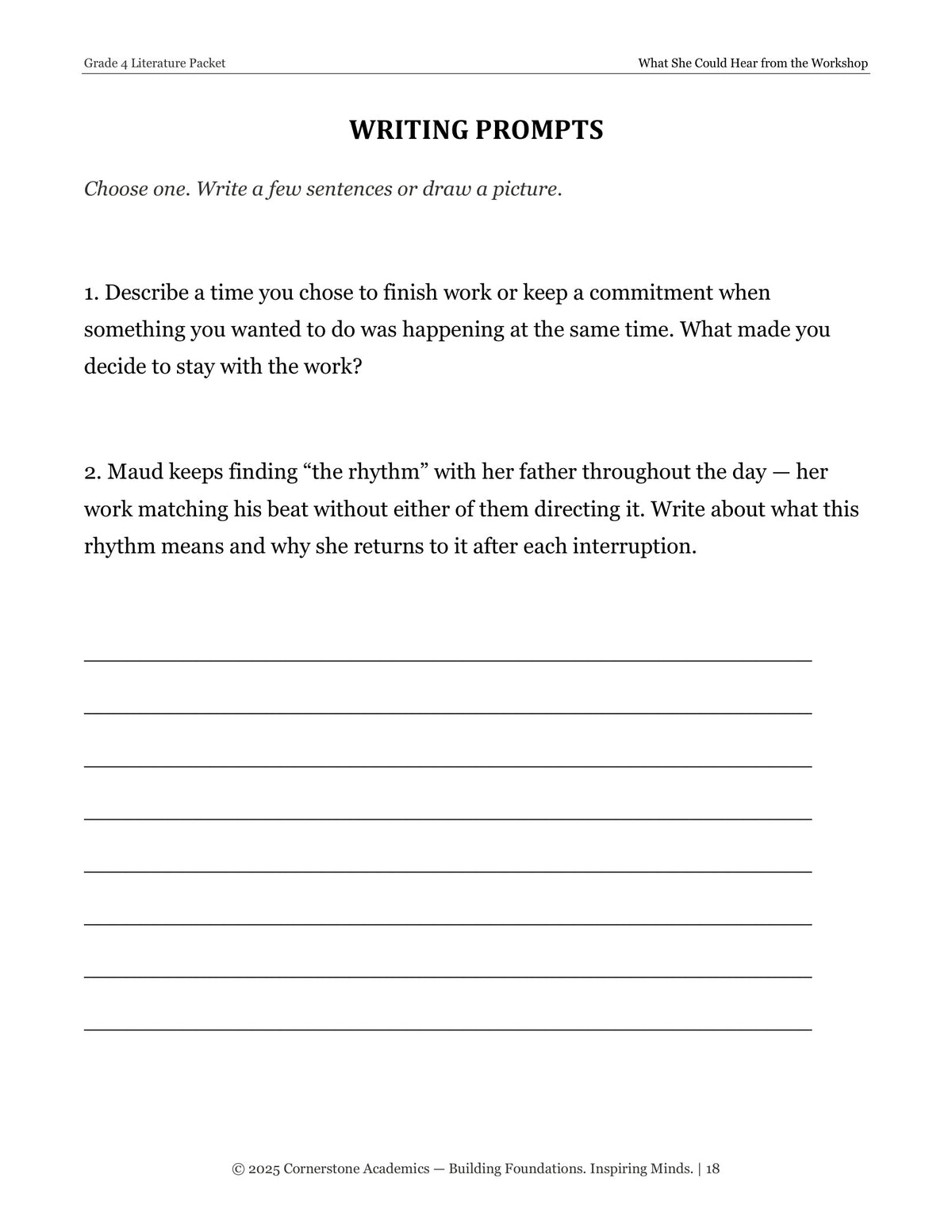 Writing prompts page from What She Could Hear from the Workshop, Grade 4 literature packet