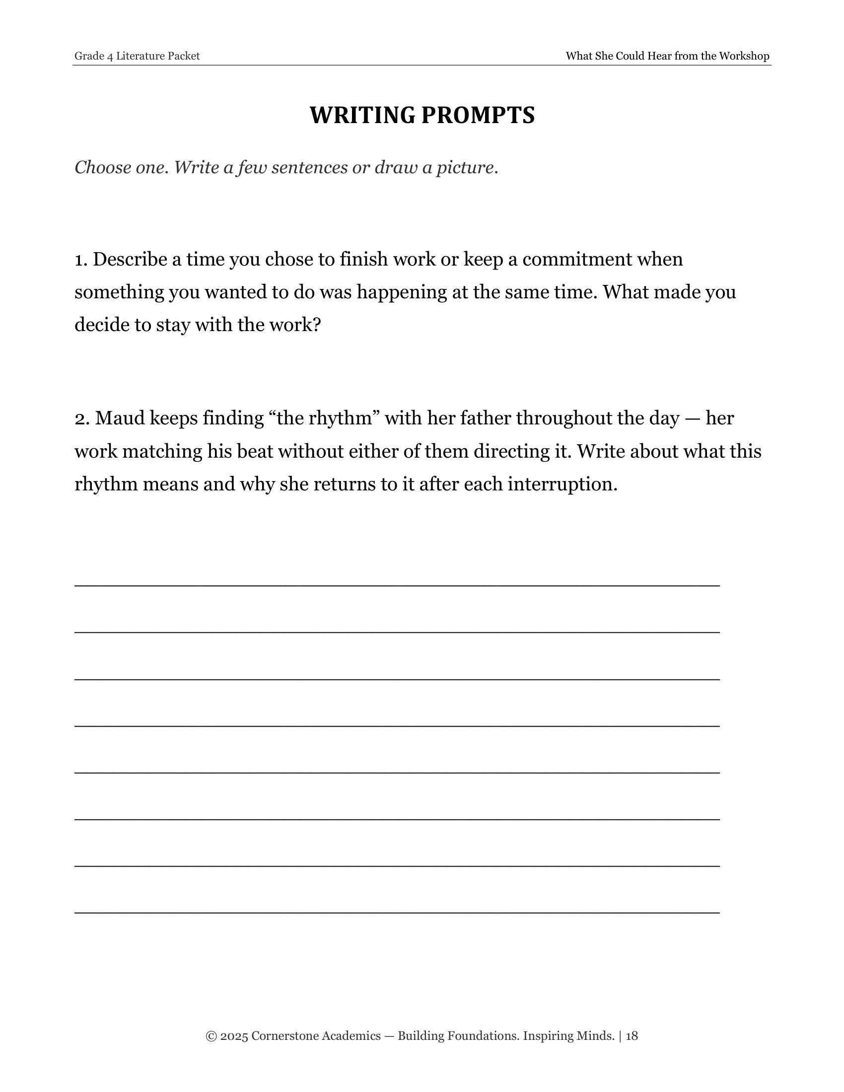 Writing prompts page from What She Could Hear from the Workshop, Grade 4 literature packet