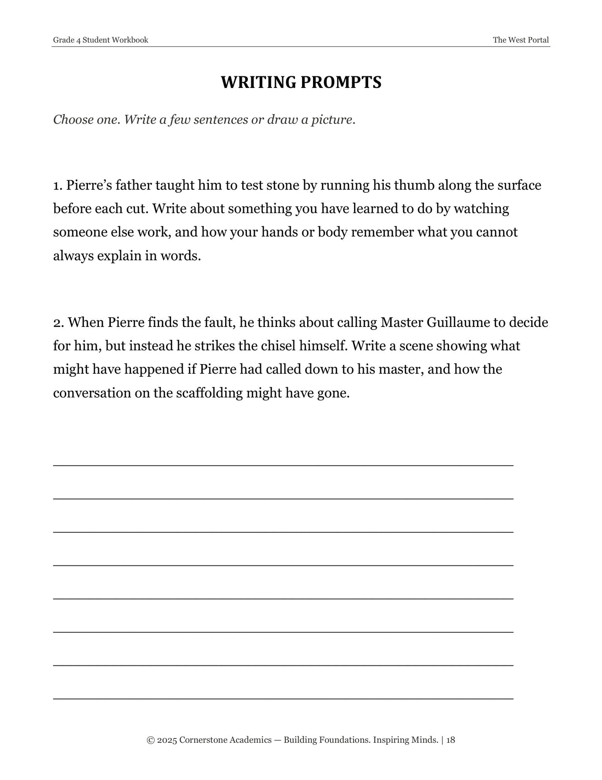 Writing prompts page from The West Portal, Grade 4 literature packet