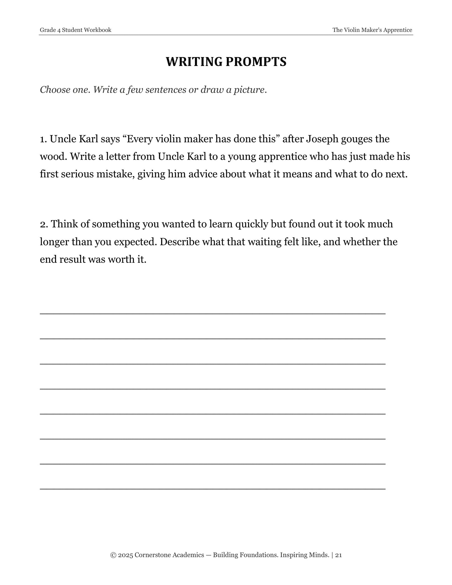 The Violin Maker's Apprentice | Grade 4 Classical Literature Packet | Cornerstone Academics