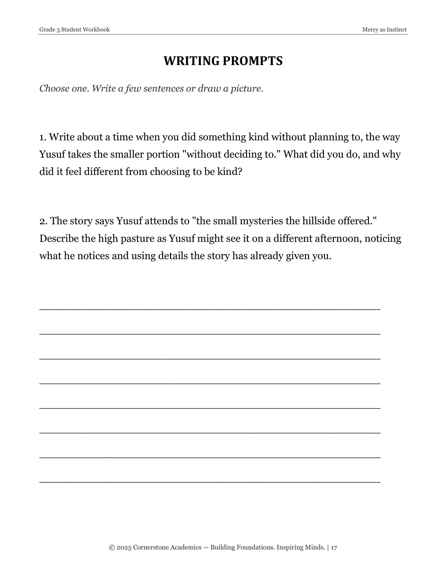 Mercy as Instinct | Grade 3 Classical Literature Packet | Cornerstone Academics