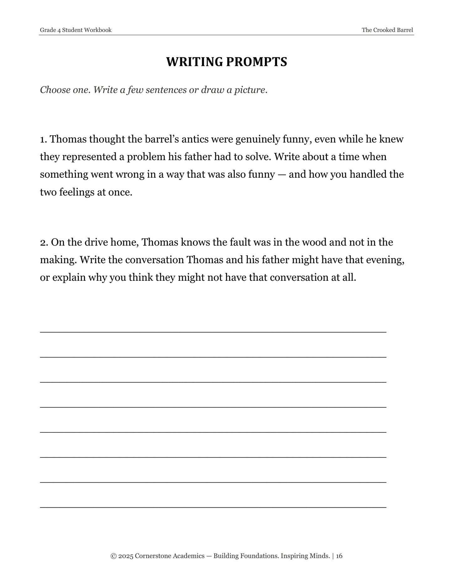 Writing prompts page from The Crooked Barrel, Grade 4 literature packet