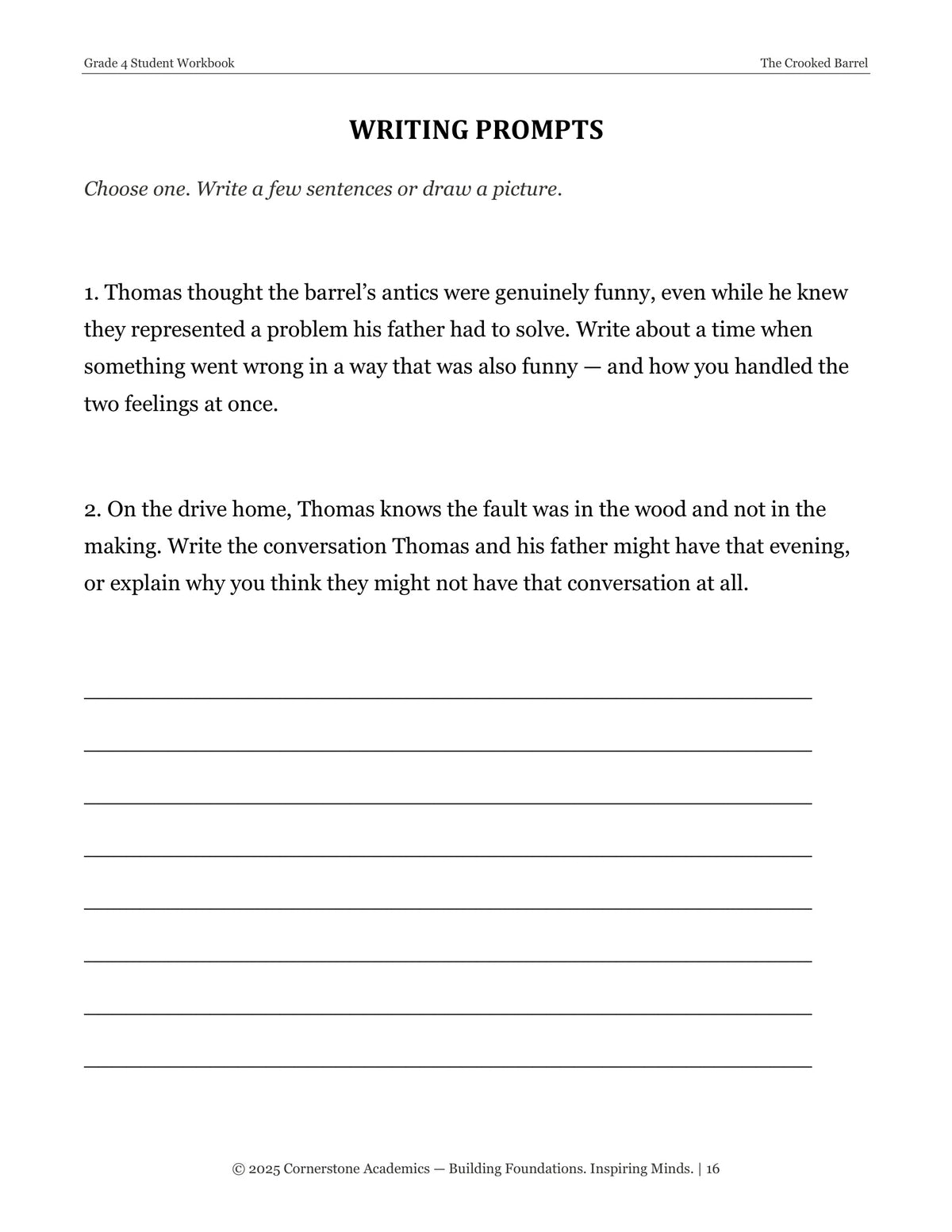 Writing prompts page from The Crooked Barrel, Grade 4 literature packet