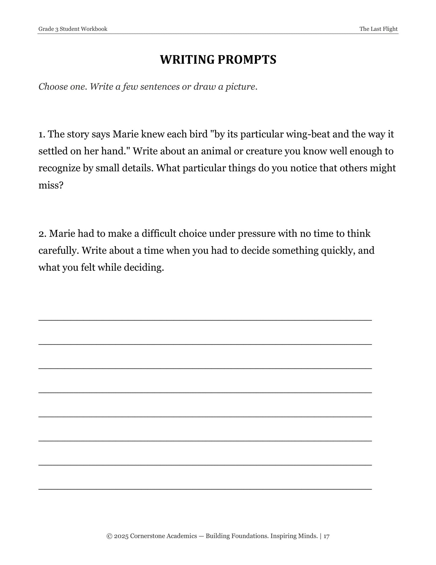 The Last Flight | Grade 3 Classical Literature Packet | Cornerstone Academics