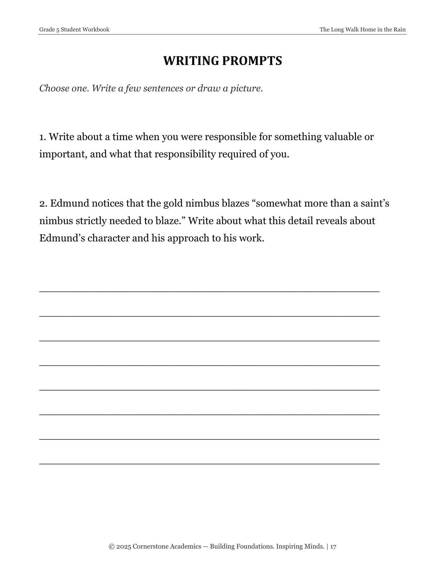 The Long Walk Home in the Rain | Grade 5 Classical Literature Packet | Cornerstone Academics