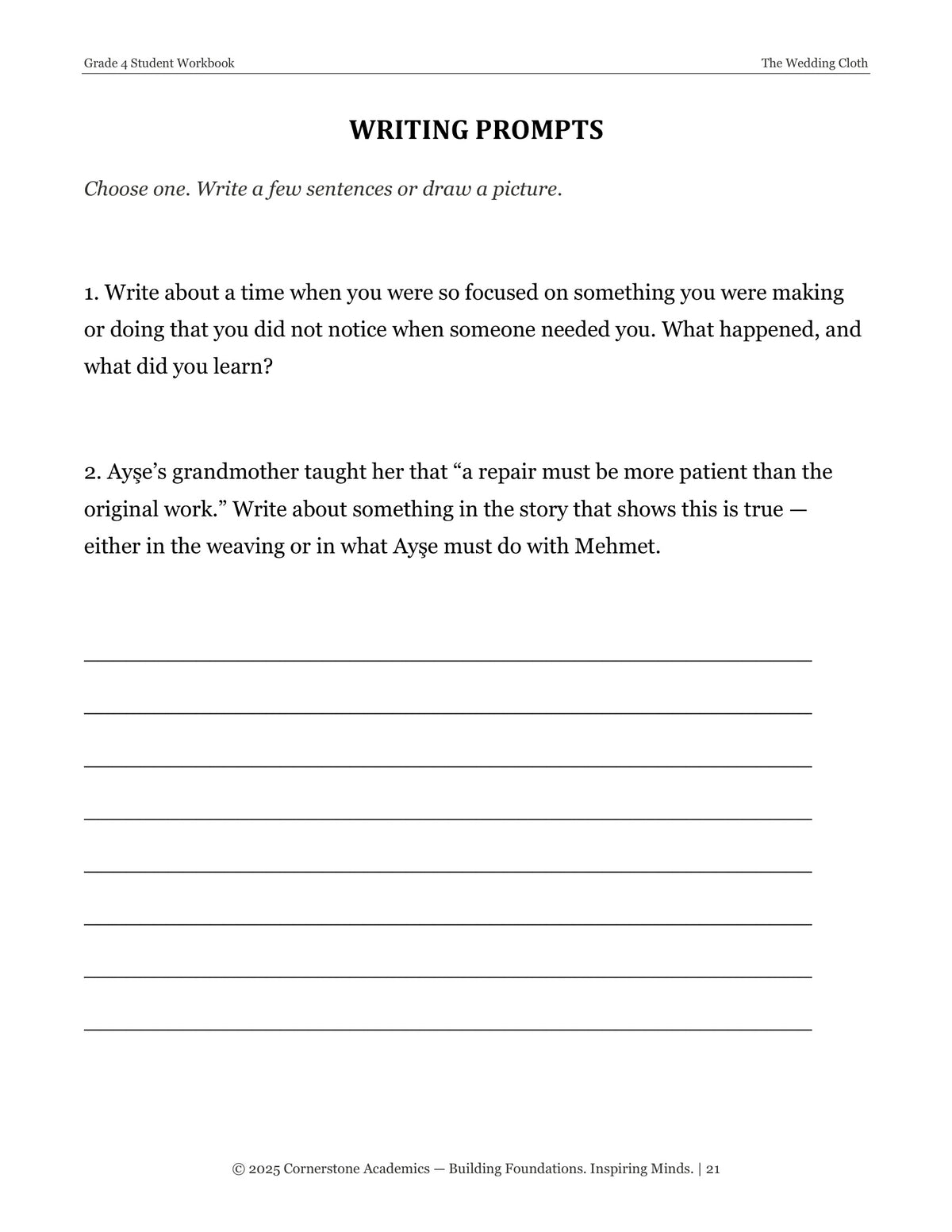 Writing prompts page from The Wedding Cloth, Grade 4 literature packet