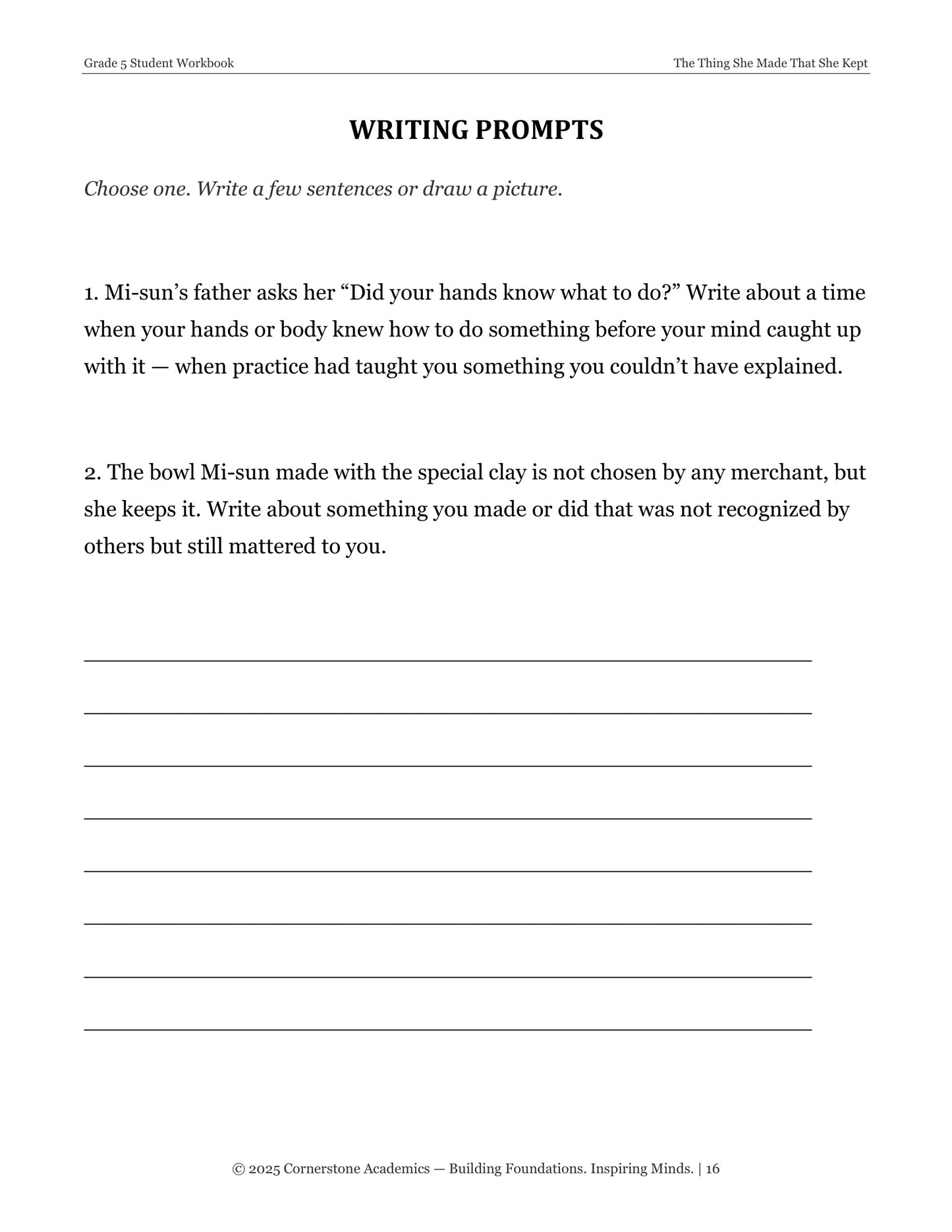 Writing prompts page from The Thing She Made That She Kept, Grade 5 literature packet