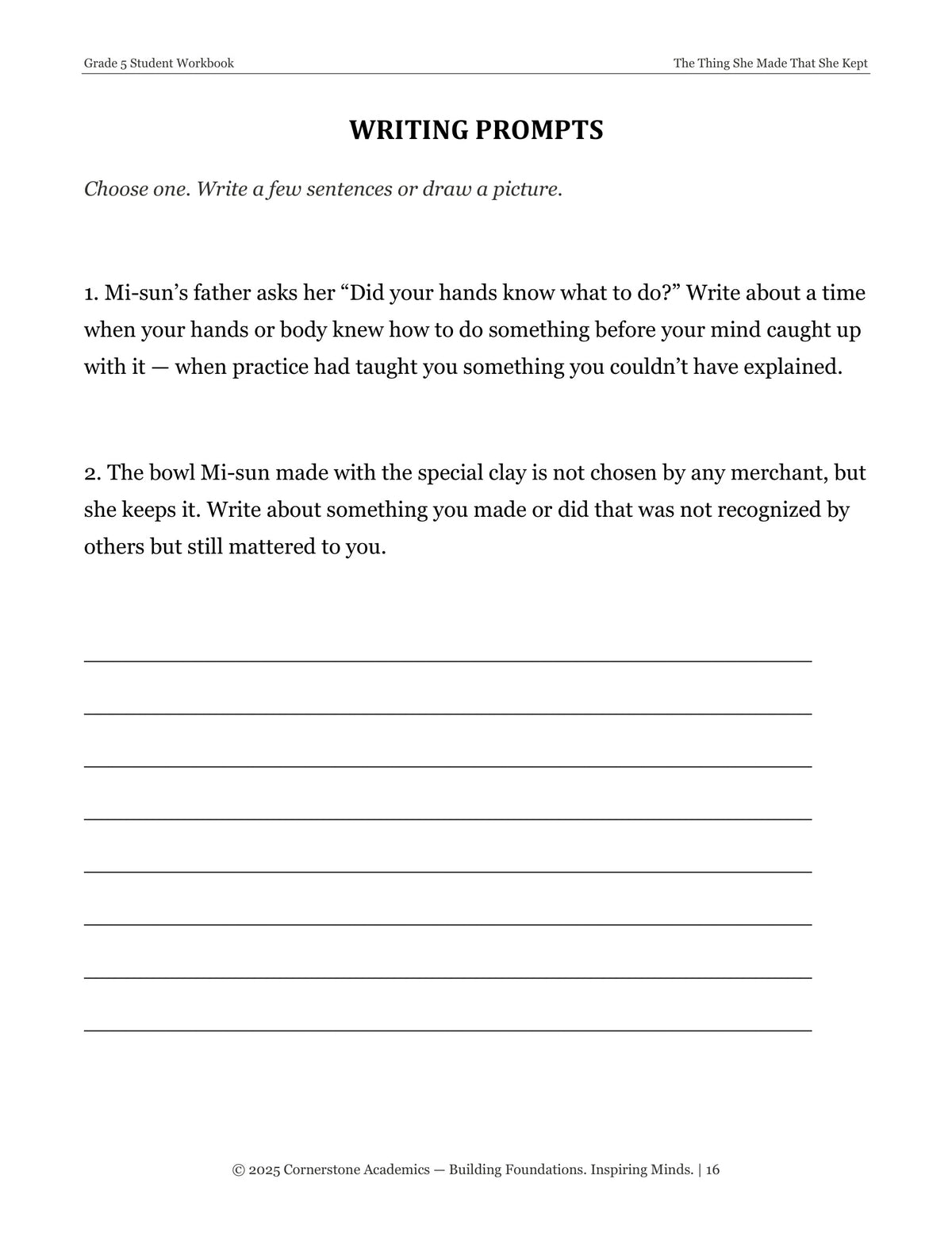 Writing prompts page from The Thing She Made That She Kept, Grade 5 literature packet