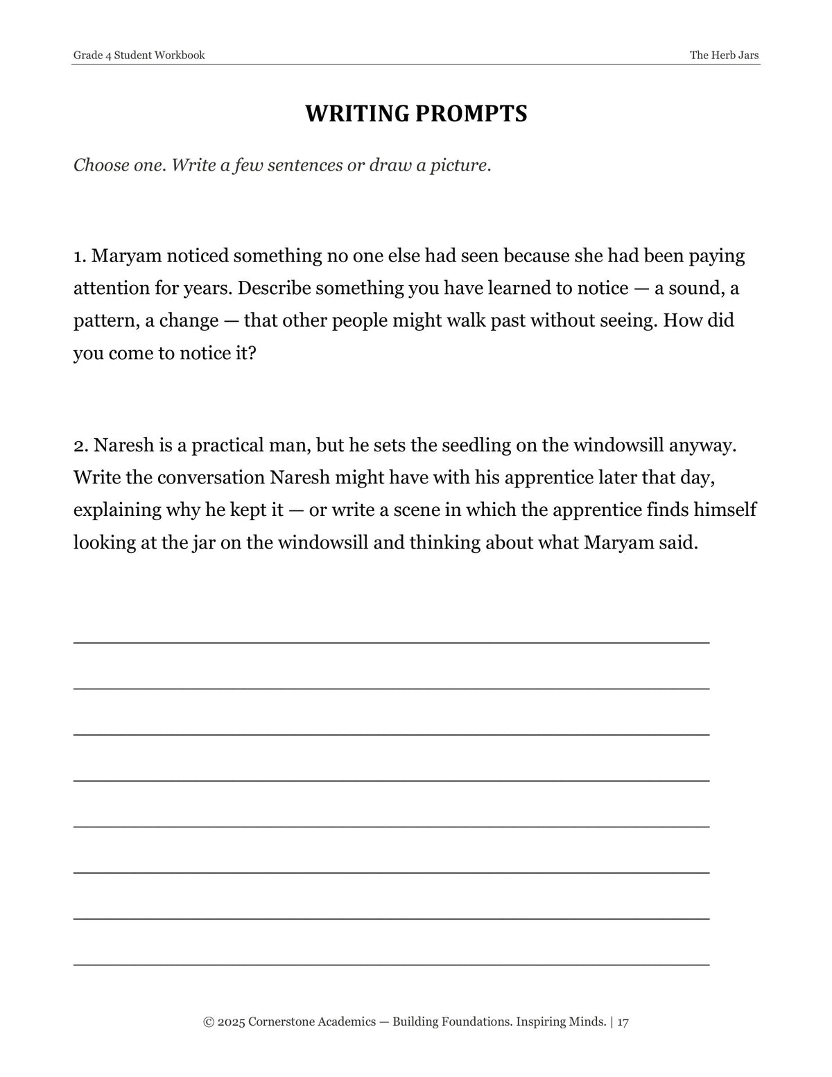 Writing prompts page from The Herb Jars, Grade 4 literature packet