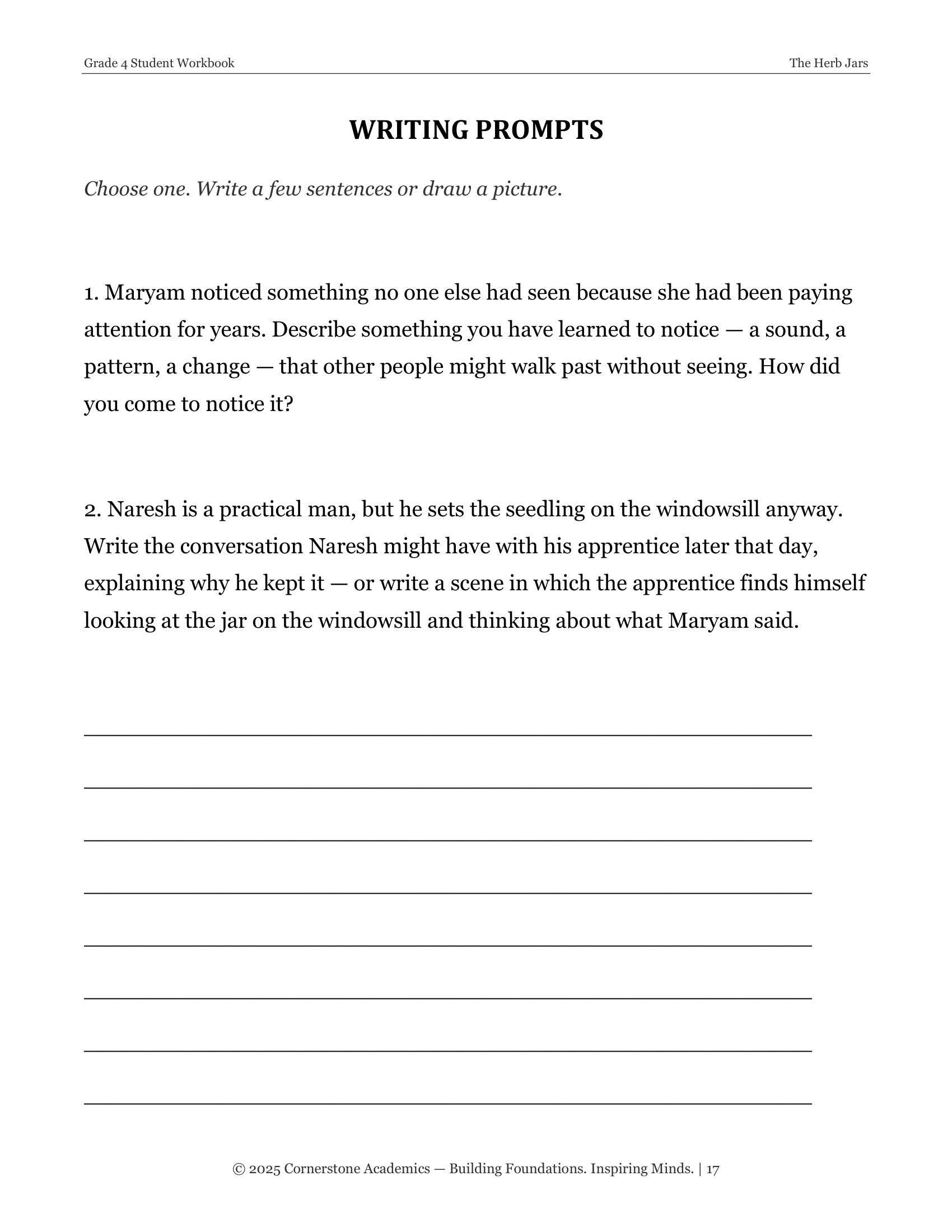 Writing prompts page from The Herb Jars, Grade 4 literature packet