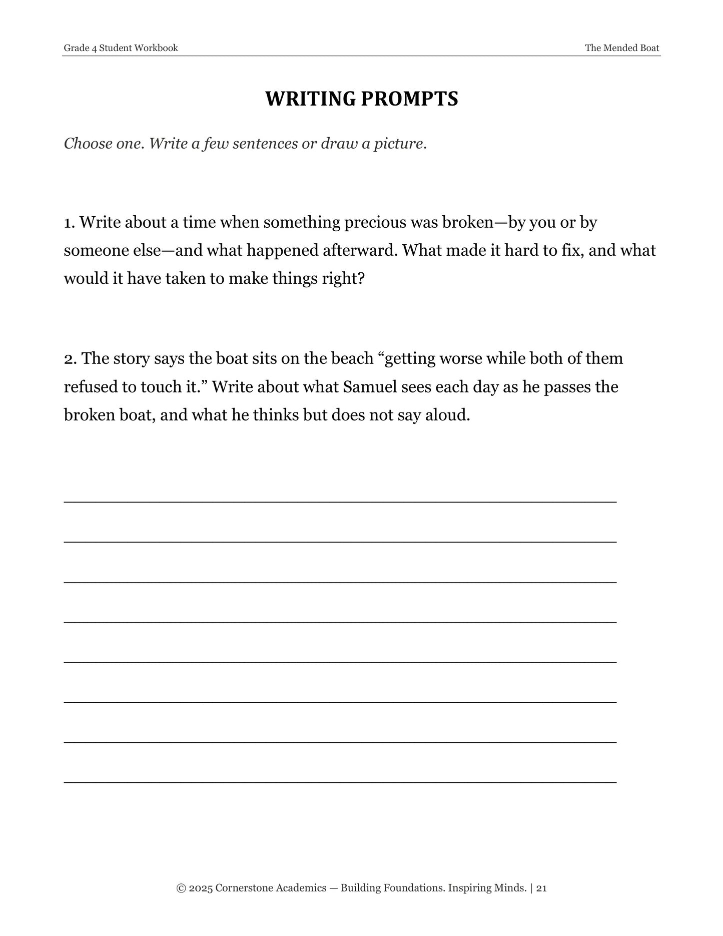 The Mended Boat | Grade 4 Classical Literature Packet | Cornerstone Academics