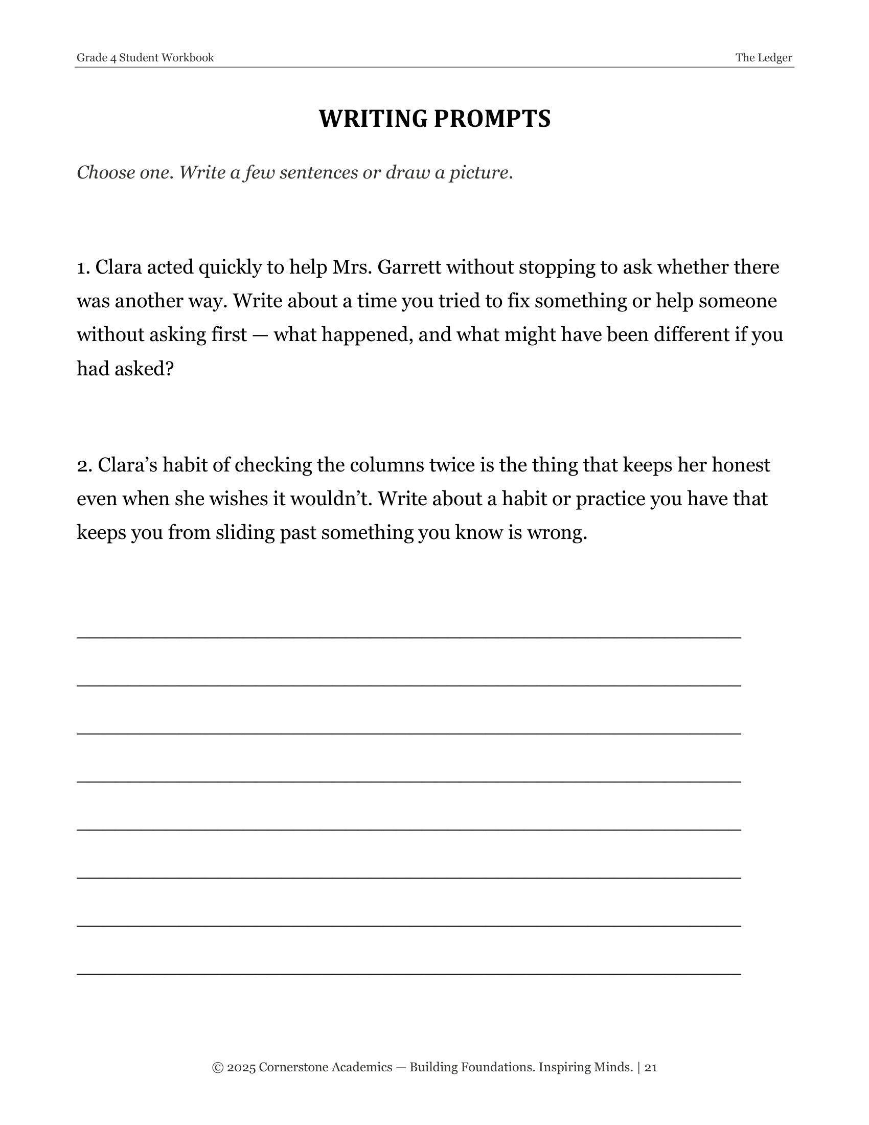 Writing prompts page from The Ledger, Grade 4 literature packet