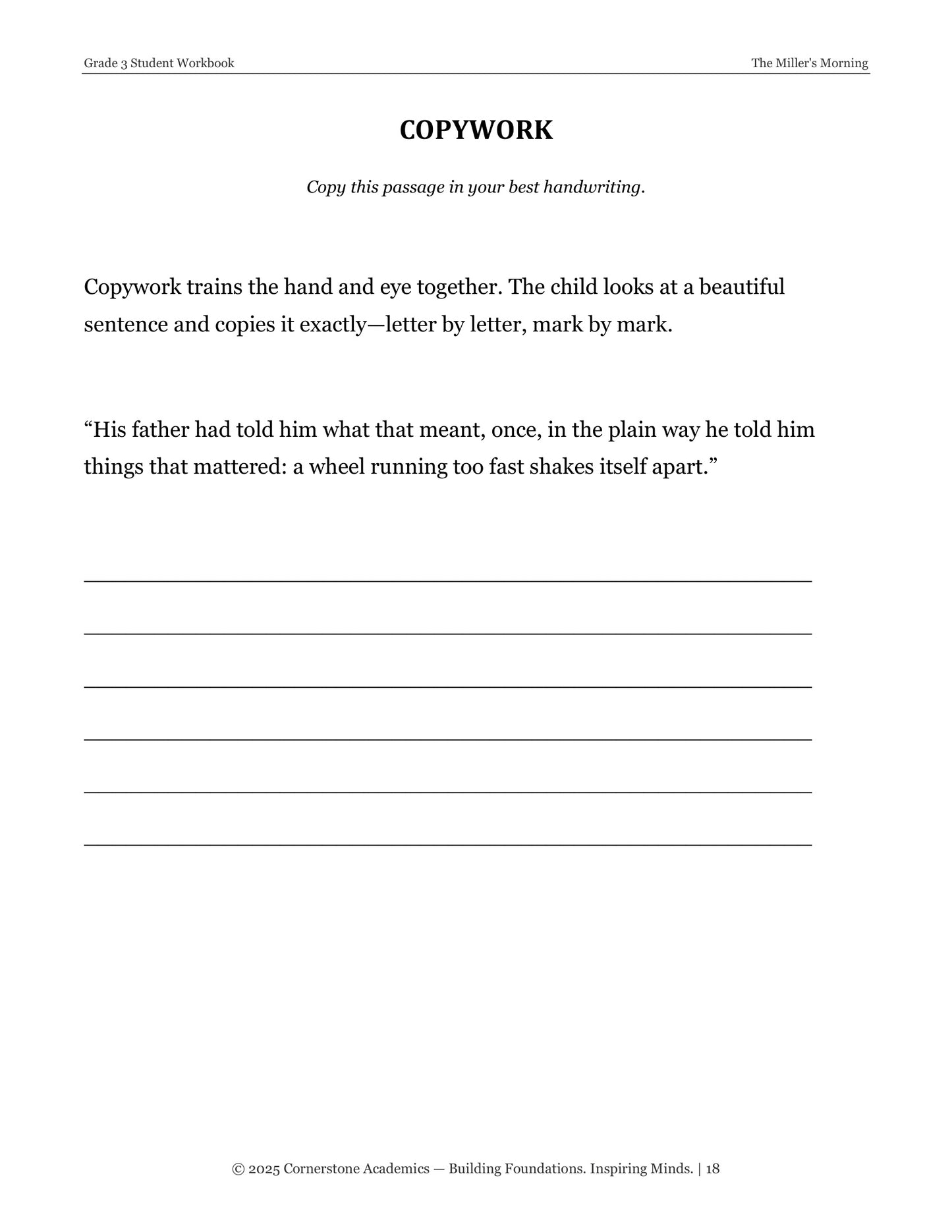 The Miller's Morning | Grade 3 Classical Literature Packet | Cornerstone Academics