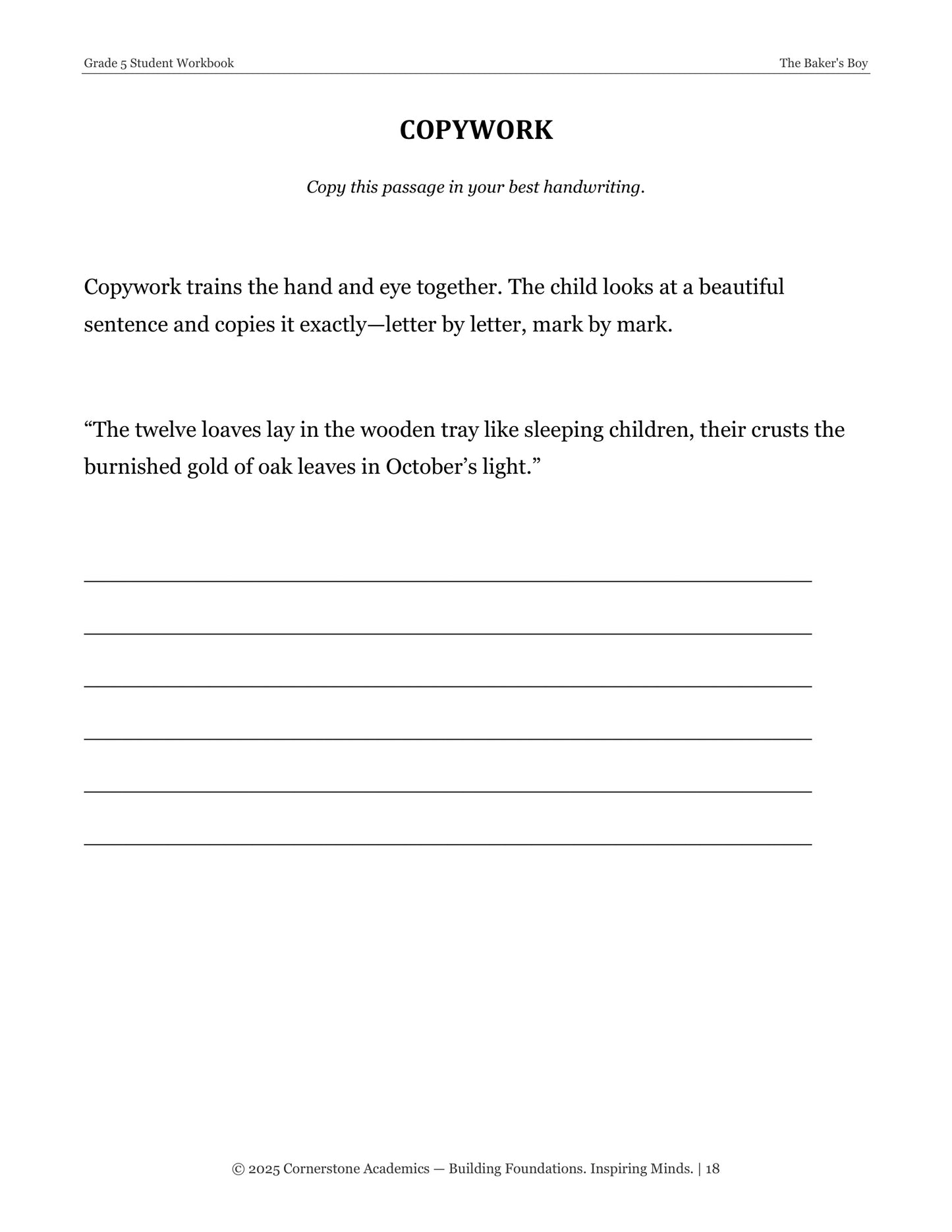 The Baker's Boy | Grade 5 Classical Literature Packet | Cornerstone Academics