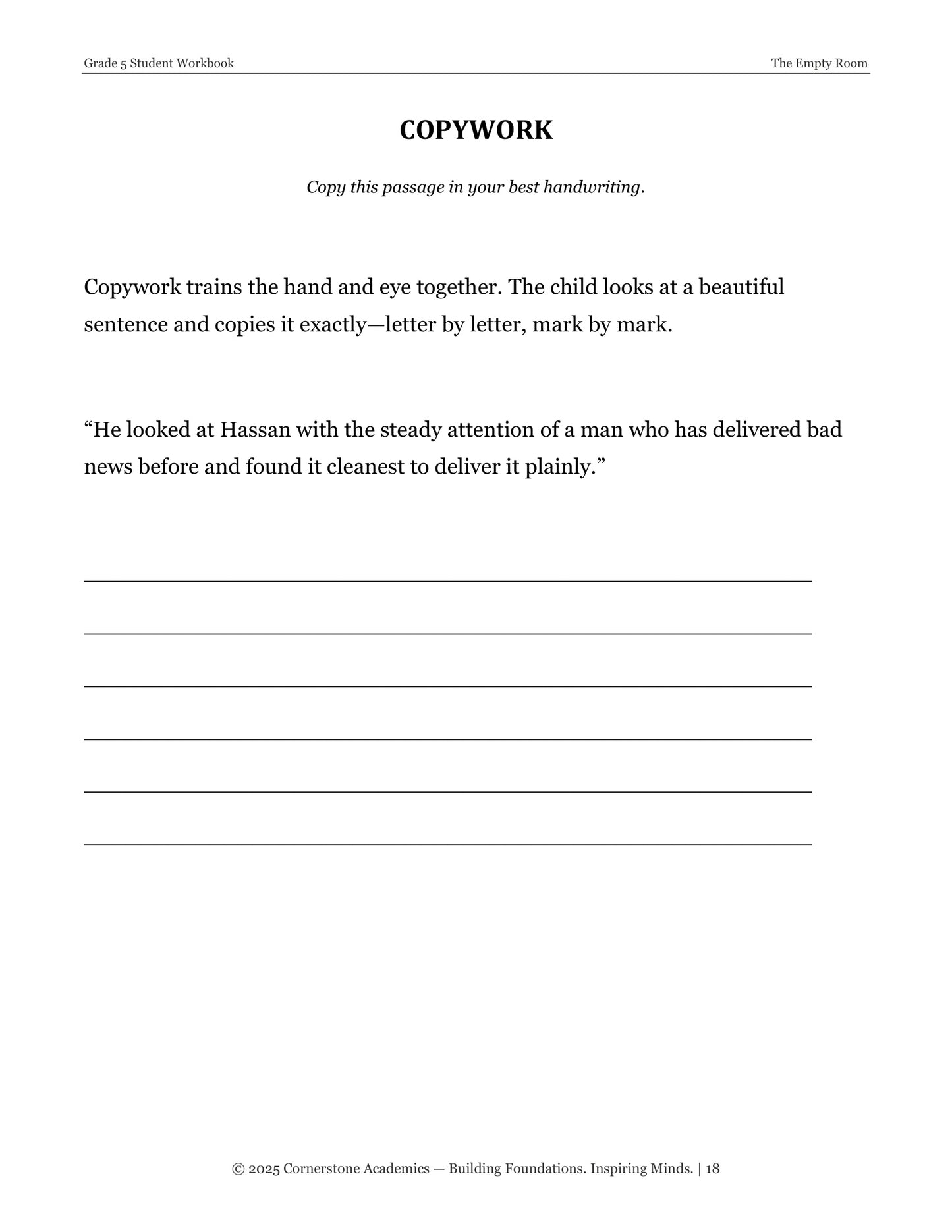 The Empty Room | Grade 5 Classical Literature Packet | Cornerstone Academics
