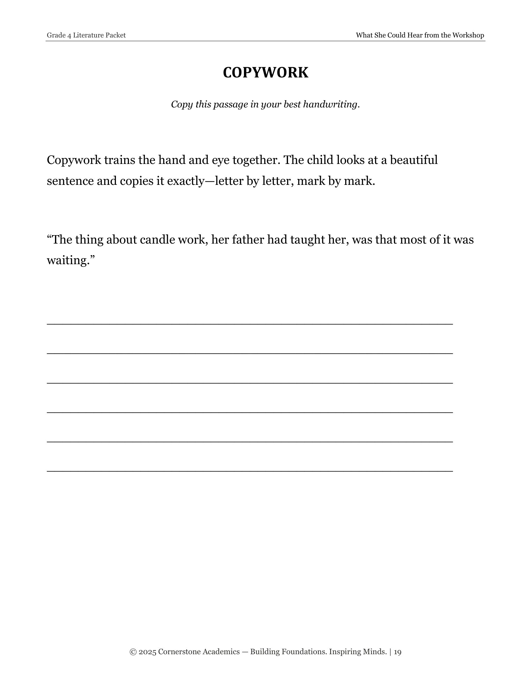 Copywork page from What She Could Hear from the Workshop, Grade 4 literature packet