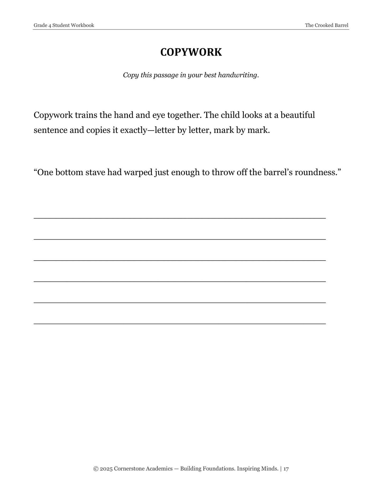 Copywork page from The Crooked Barrel, Grade 4 literature packet