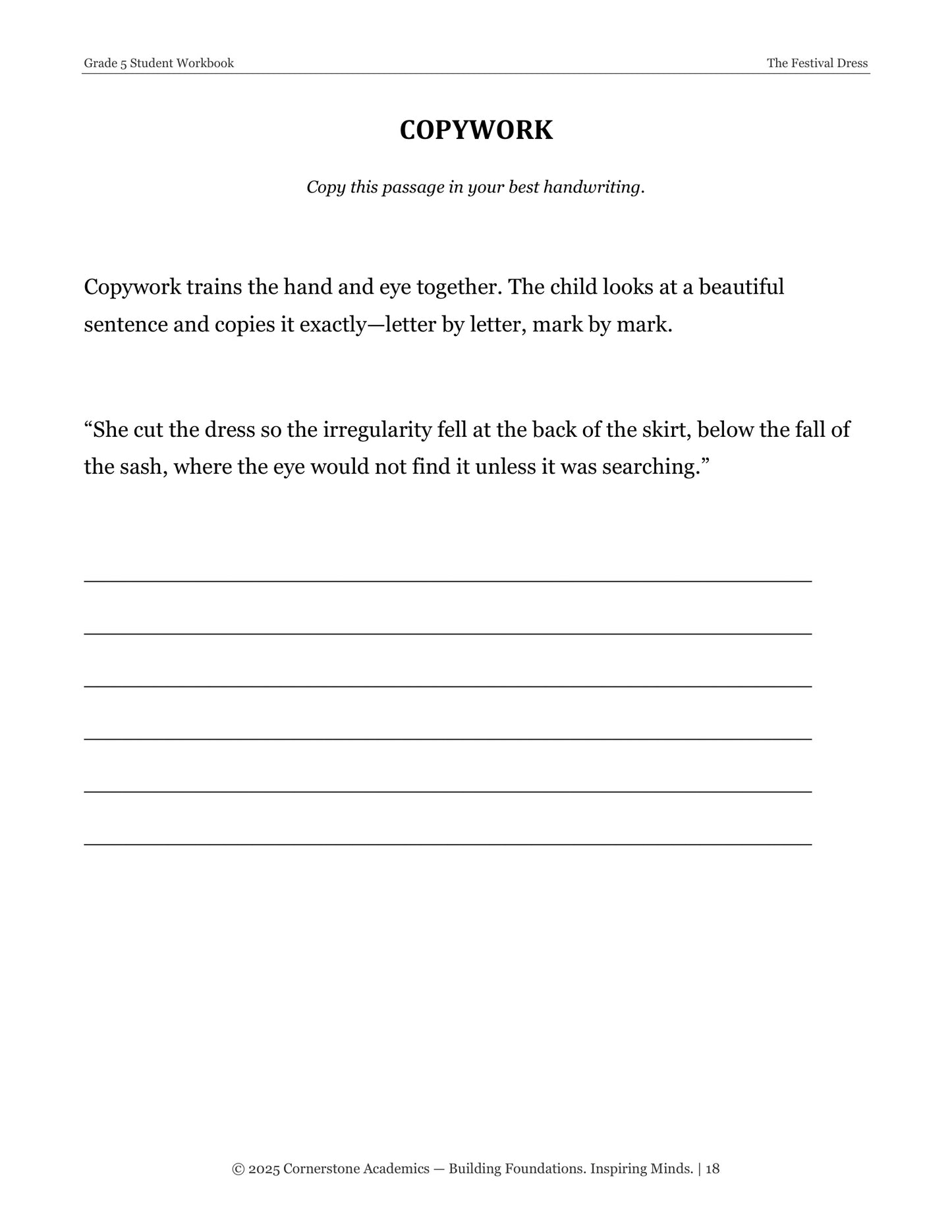 The Festival Dress | Grade 5 Classical Literature Packet | Cornerstone Academics