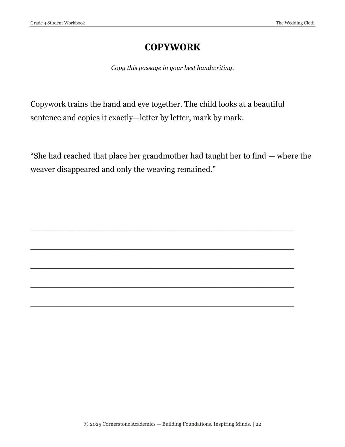 Copywork page from The Wedding Cloth, Grade 4 literature packet