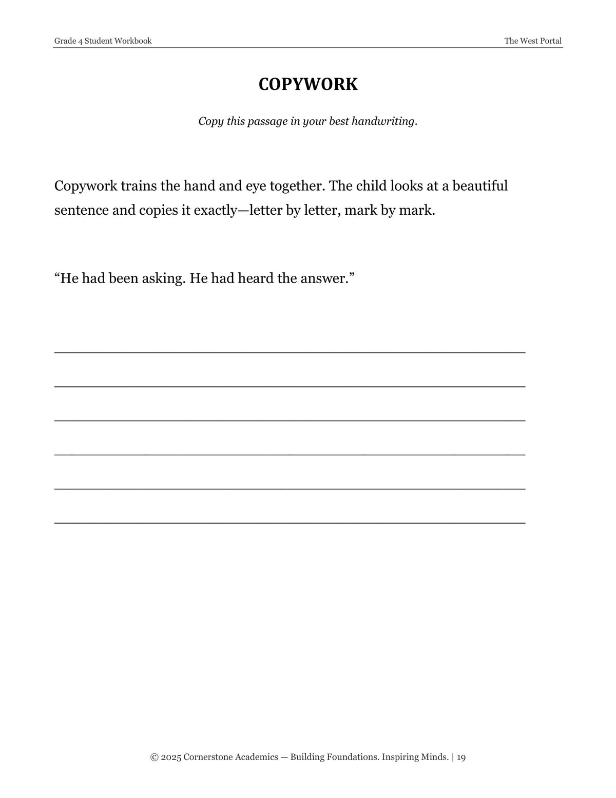Copywork page from The West Portal, Grade 4 literature packet