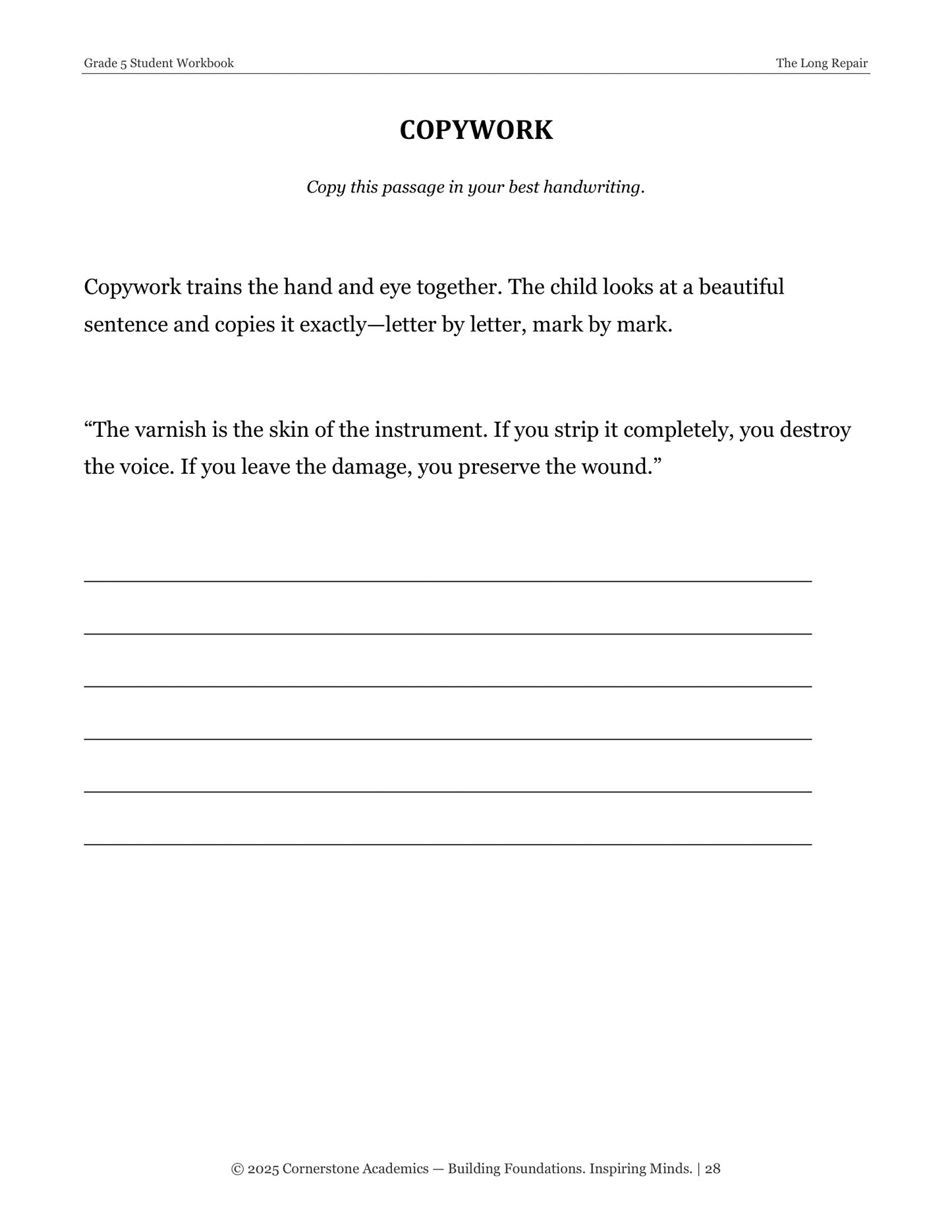 The Long Repair | Grade 5 Classical Literature Packet | Cornerstone Academics