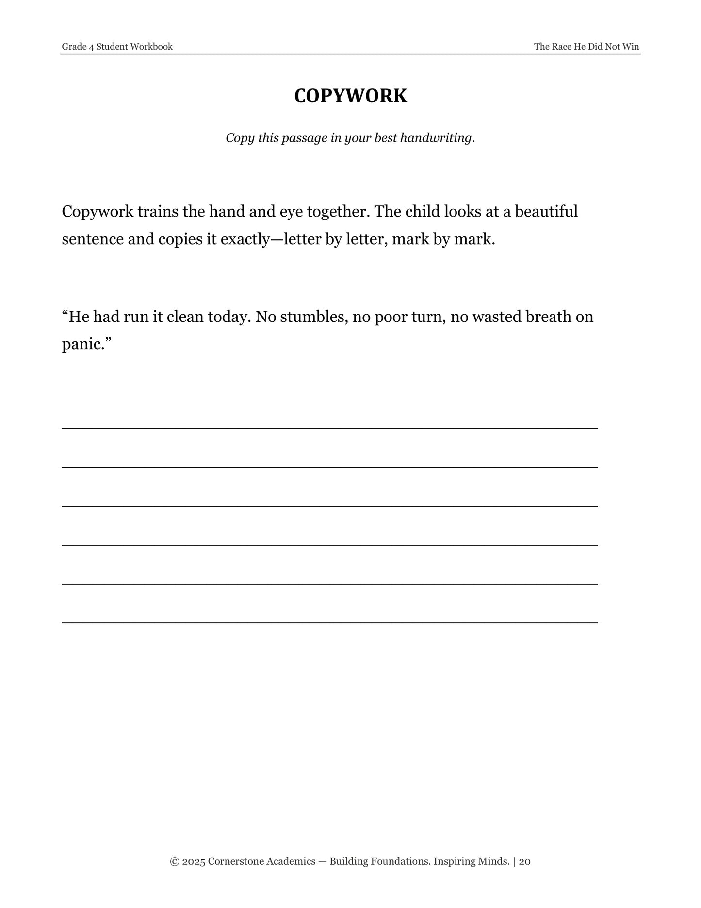 The Race He Did Not Win | Grade 4 Classical Literature Packet | Cornerstone Academics