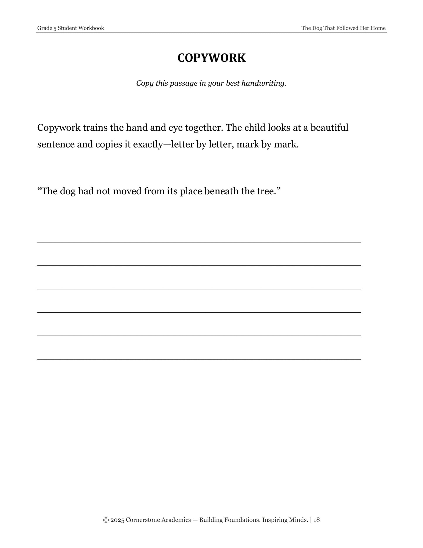 The Dog That Followed Her Home | Grade 5 Classical Literature Packet | Cornerstone Academics