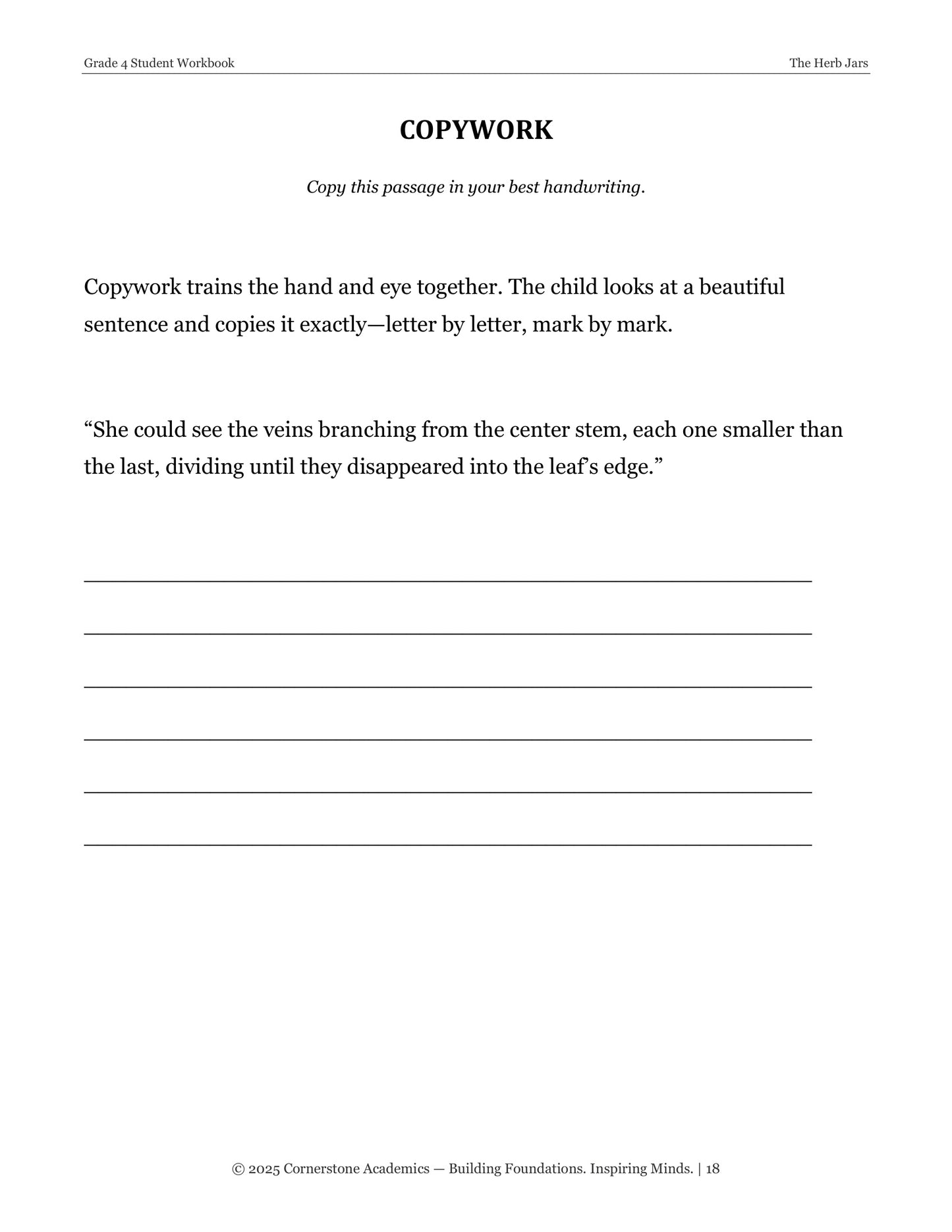 Copywork page from The Herb Jars, Grade 4 literature packet