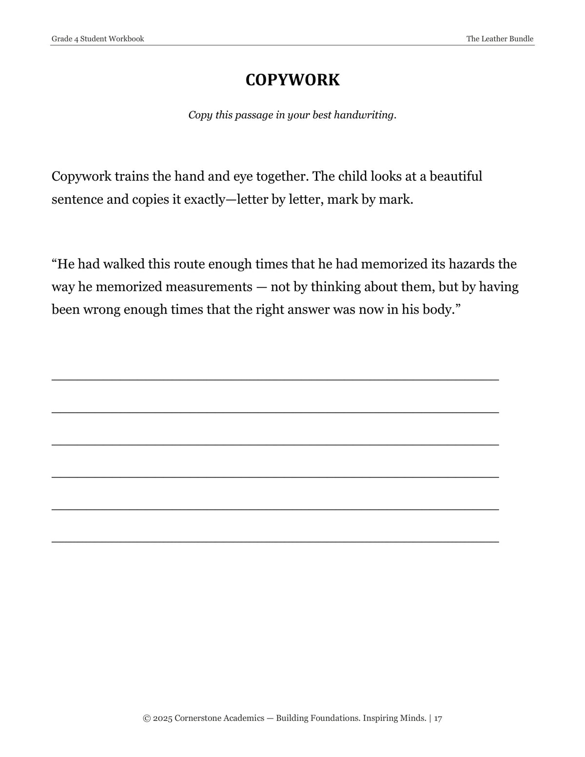 Copywork page from The Leather Bundle, Grade 4 literature packet