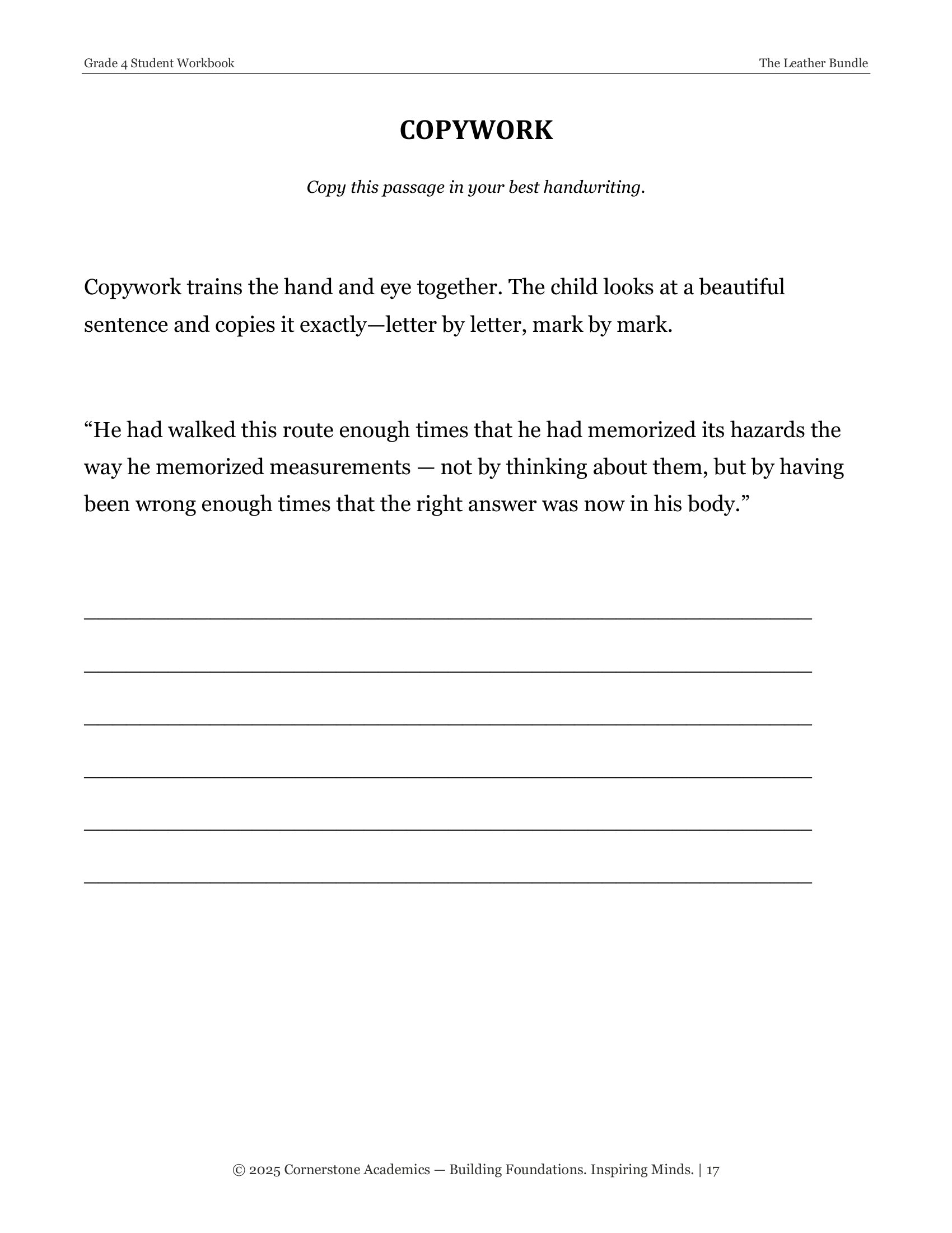 Copywork page from The Leather Bundle, Grade 4 literature packet