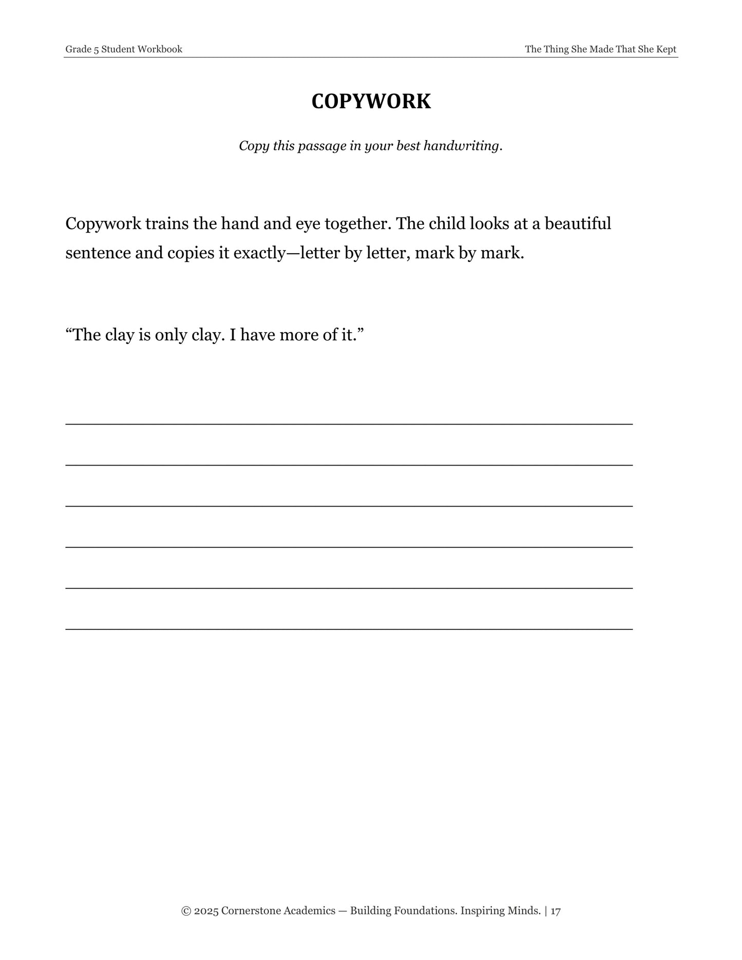 Copywork page from The Thing She Made That She Kept, Grade 5 literature packet