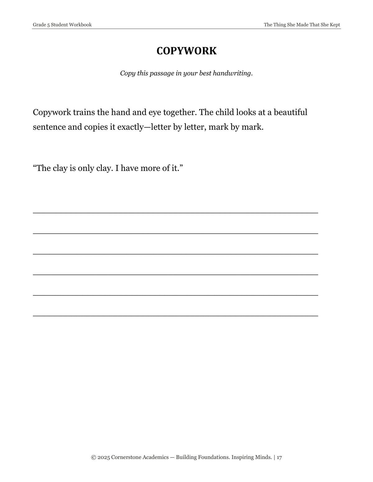 Copywork page from The Thing She Made That She Kept, Grade 5 literature packet