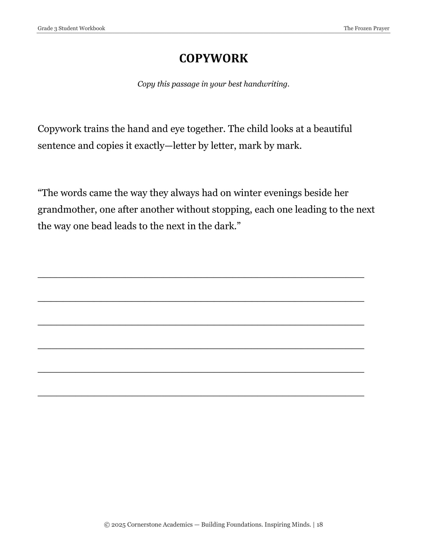 The Frozen Prayer | Grade 3 Classical Literature Packet | Cornerstone Academics