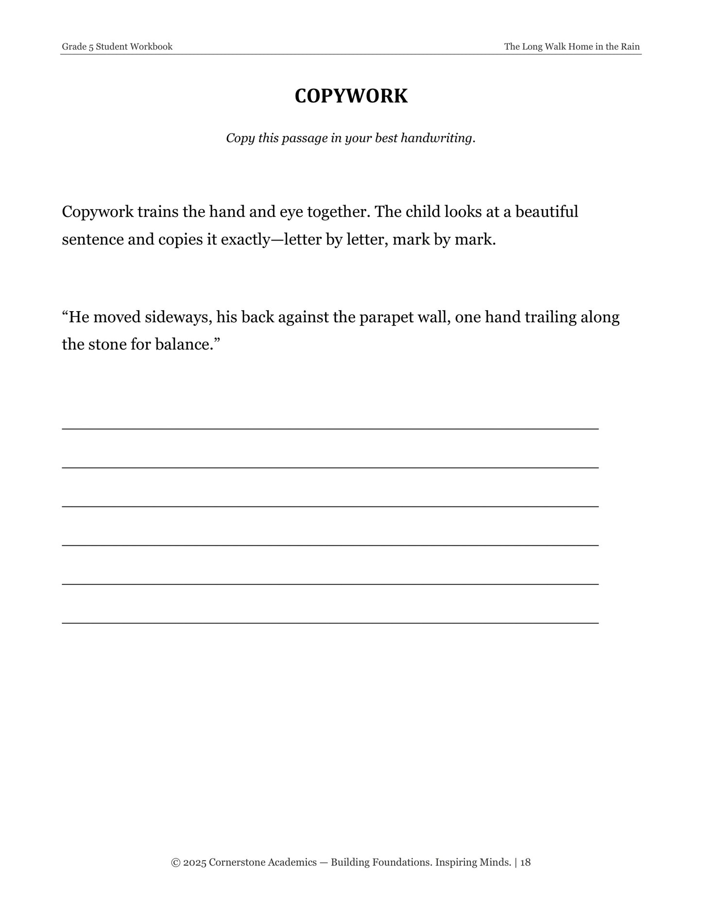 The Long Walk Home in the Rain | Grade 5 Classical Literature Packet | Cornerstone Academics